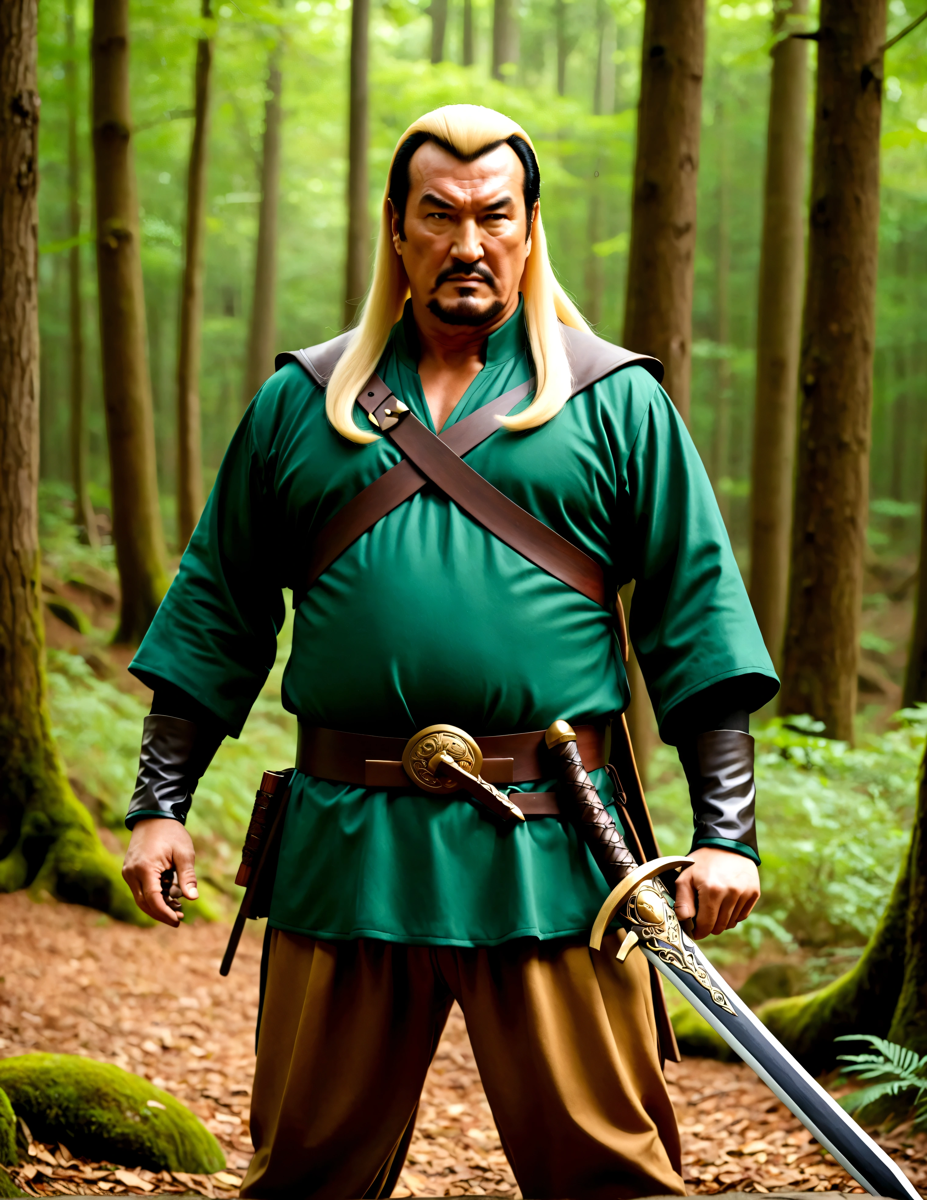Steven Seagal (current, modern, big belly) in the role of Link (Link costume, blonde wig over black hair, wooden sword at side), akido pose, forest