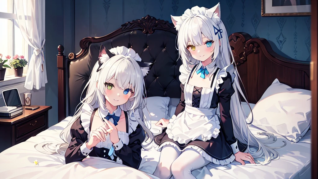 Maid costume，White pantyhose，White hair，Long hair，Cat ear，Heterochromia blue-yellow，Smile，Female face，There are bright spots in the eyes，Female hands，White little hands，Normal fingers，flat chest，2 people，in the room，Lying in bed