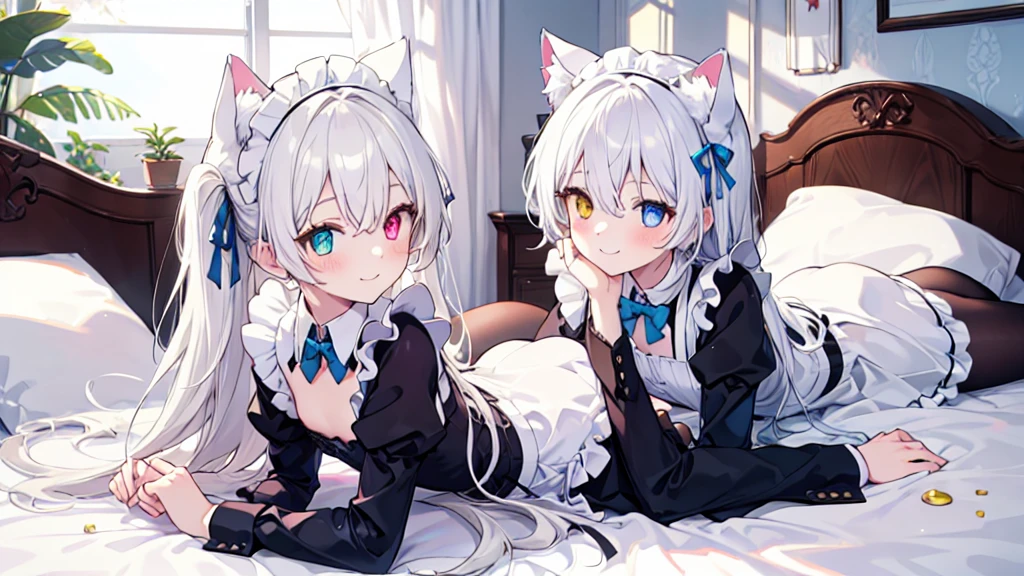 Maid costume,White pantyhose,White hair,Long hair,Cat ear,Heterochromia blue-yellow,Smile,Female face,There are bright spots in the eyes,Female hands,White little hands,Normal fingers,flat chest,2 people,in the room,Lying in bed