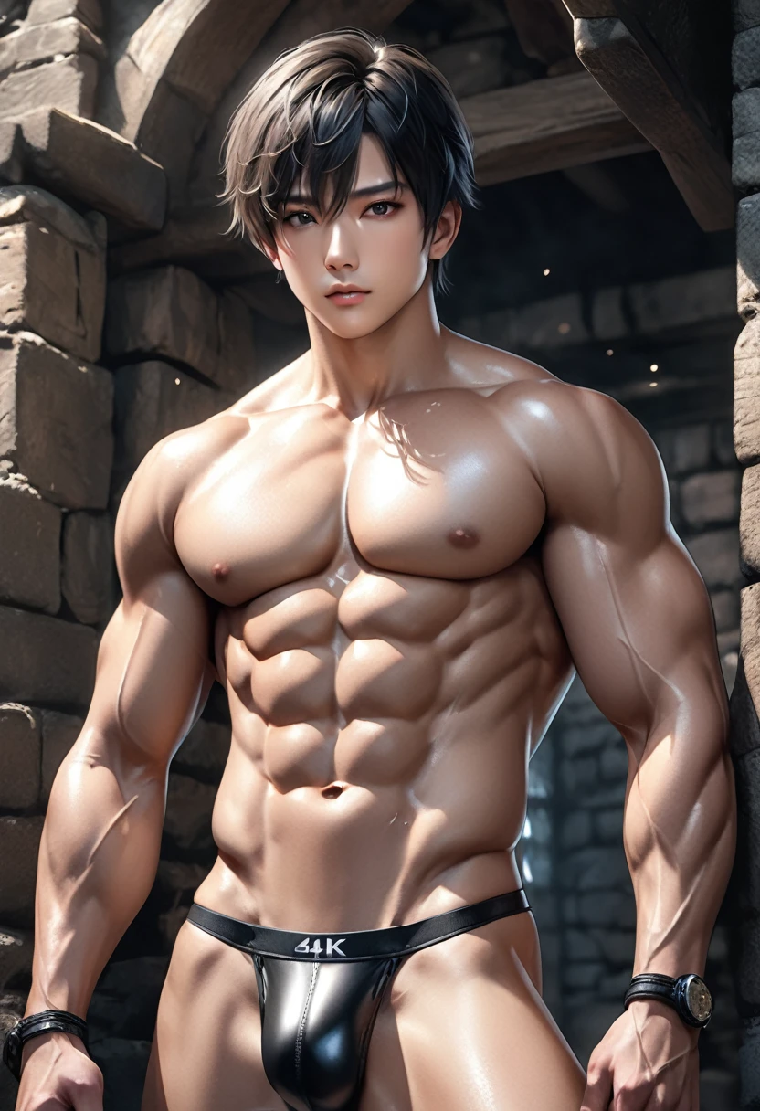 high quality, detailed, Realistic, (24 years old japanese idol body builder boy), (detailed black eyes), (black short hair), (abs:1.5), (shiny skin), dungeon, (black tiny thong), (bulge), (detailed nipples), detailed areola,best quality,4k,8k,highres,masterpiece:1.2),ultra-detailed,(realistic,photorealistic,photo-realistic:1.37),