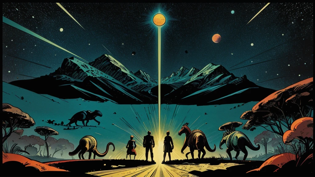 Use this prompt to create an image in the style of 1950s-70s comic book art. Use bold outlines, halftone patterns. Employ intense, saturated colors reminiscent of vintage four-color printing. Maintain a psychedelic, otherworldly atmosphere with swirling, colorful skies and strange celestial bodies. Emphasize the contrast between light and shadow to create a dramatic, pulp sci-fi feel. Create an image of:  a herd of dinosaurs