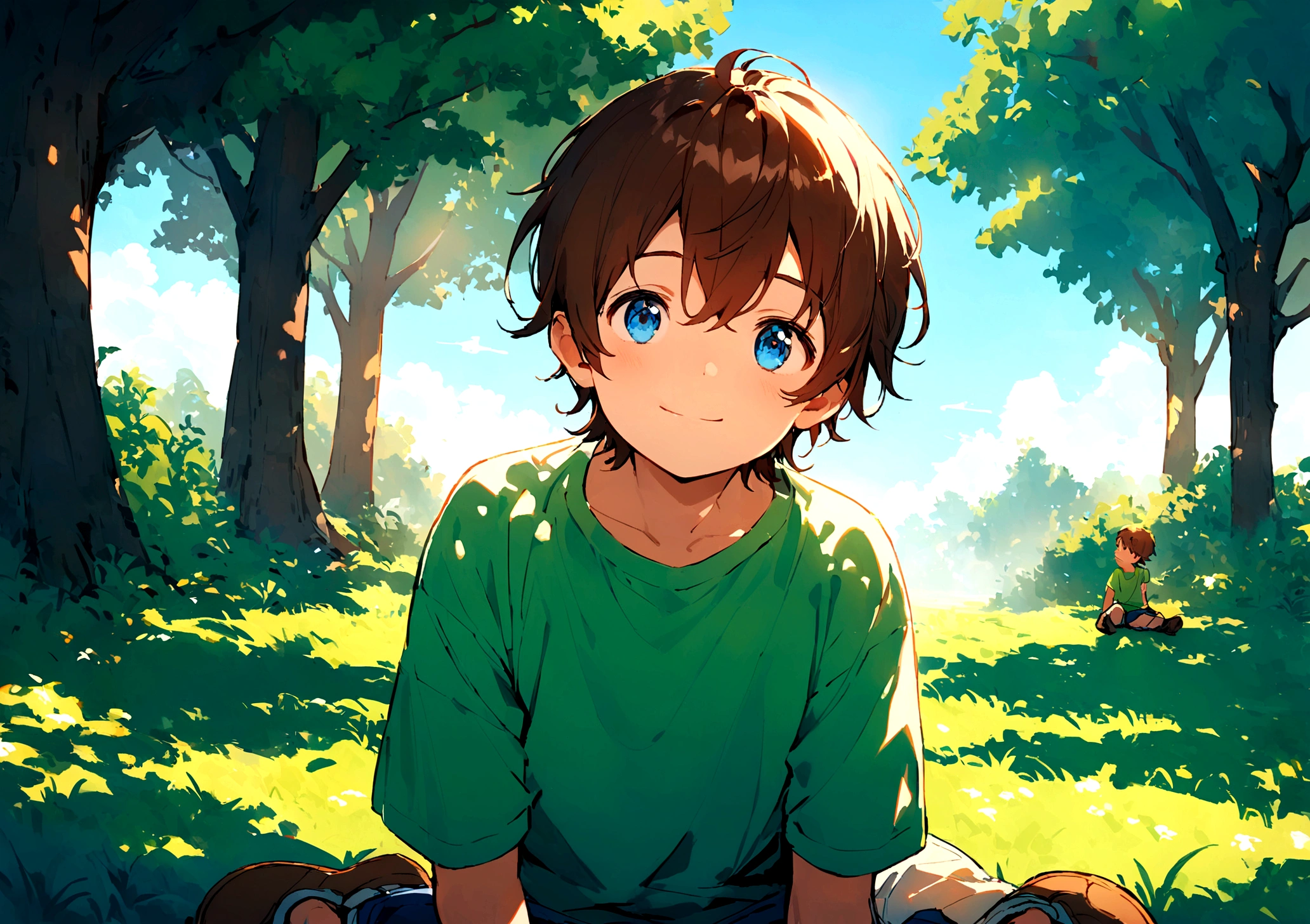 Jack is an eight-year-old boy with tousled brown hair and bright blue eyes. He wears worn-out blue jeans, a bright green t-shirt and sturdy brown sneakers.Jack is standing outdoors, his face reflecting a sense of realization and relief. His eyes are bright with understanding, and a gentle smile spreads across his lips. His posture is relaxed, with his shoulders down and a slight upward tilt to his head, as if he's looking towards the sky or into the distance, feeling good about his newfound understanding. The background features a peaceful, natural setting with trees, green grass, and a clear blue sky, highlighting the serene and uplifting atmosphere of the moment. Jack's expression and body language convey a deep sense of contentment and positive change.