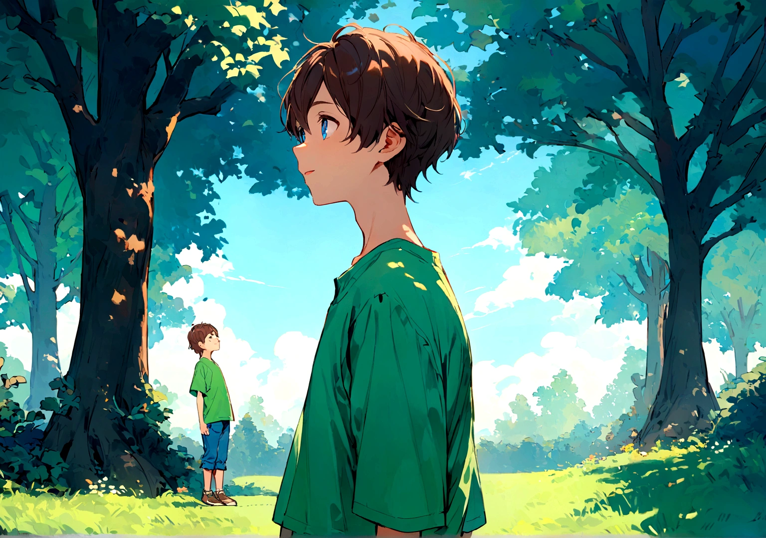Jack is an eight-year-old boy with tousled brown hair and bright blue eyes. He wears worn-out blue jeans, a bright green t-shirt and sturdy brown sneakers.Jack is standing outdoors, his face reflecting a sense of realization and relief. His eyes are bright with understanding, and a gentle smile spreads across his lips. His posture is relaxed, with his shoulders down and a slight upward tilt to his head, as if he's looking towards the sky or into the distance, feeling good about his newfound understanding. The background features a peaceful, natural setting with trees, green grass, and a clear blue sky, highlighting the serene and uplifting atmosphere of the moment. Jack's expression and body language convey a deep sense of contentment and positive change.