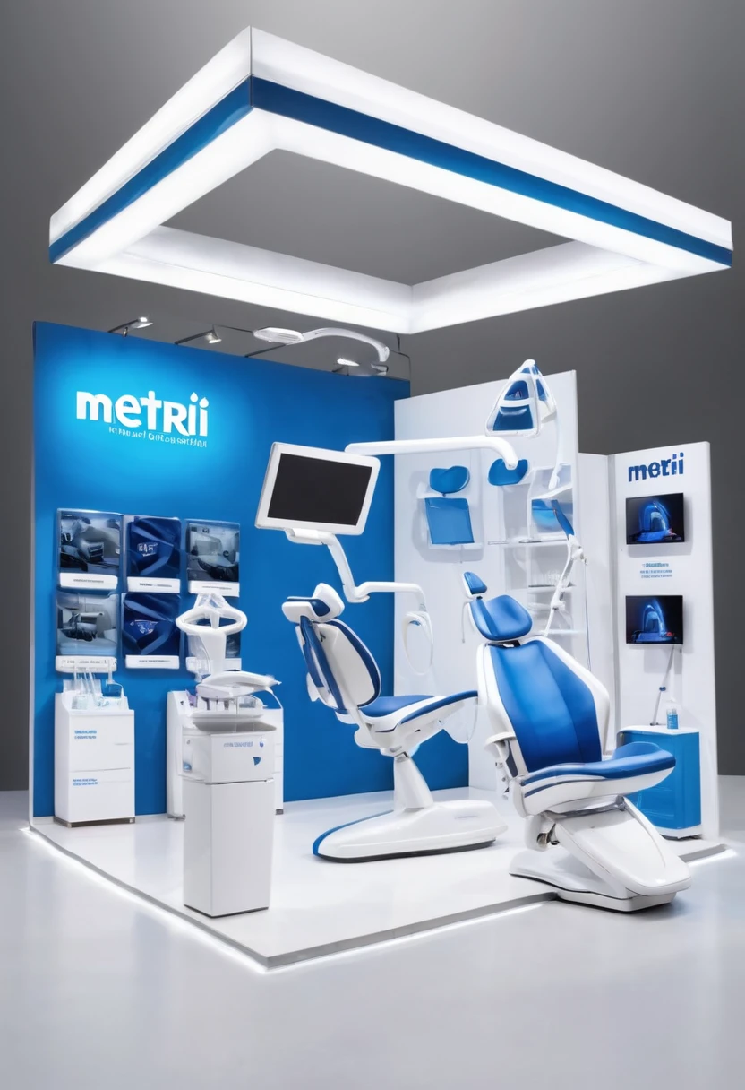 A large exhibition stand for the "metrii" brand in white and blue colors, featuring dental chairs, digital screens displaying teeth images, dental instruments on display shelves, LED lighting with a logo of an "axe shape", modern design, white background, high resolution, professional photography, studio light, HDR, 30K sharp focus, hyperrealistic, intricate details, detailed textures in the style of a hyperrealistic photography.