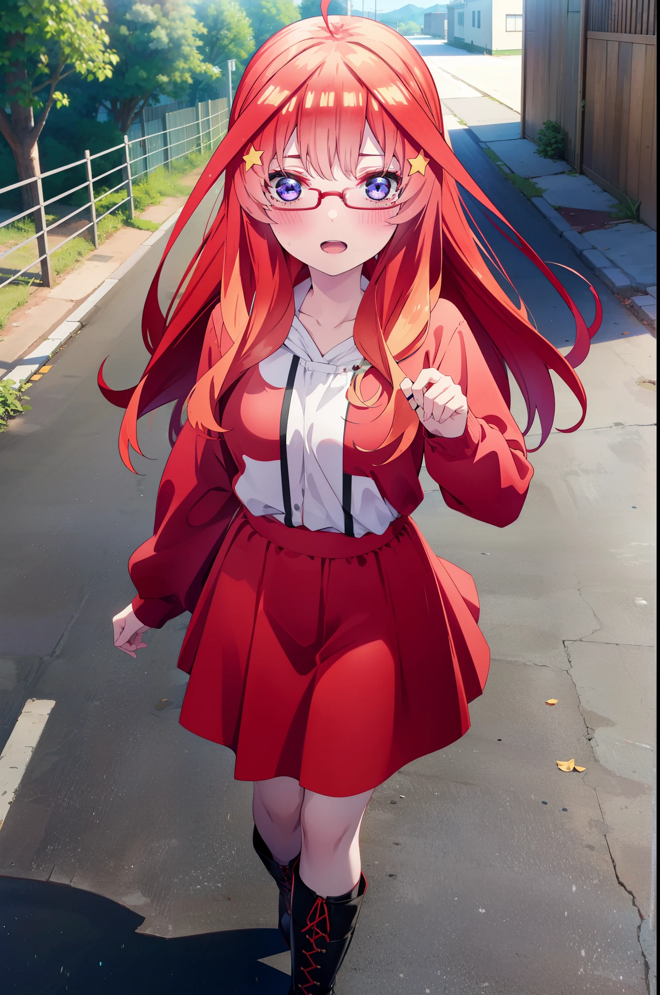 itsukinakano, itsuki nakano, bangs, blue eyes, Hair between the eyes, Ahoge, Redhead, star \(symbol\), hair ornaments, star hair ornaments,smile,blush,Open your mouth,Red-rimmed glasses,Oversized red hoodie and long skirt,boots,Walking,Daytime,Clear skies,whole bodyがイラストに入るように,
break outdoors, Alley,
break looking at viewer, whole body,
break (masterpiece:1.2), Highest quality, High resolution, unity 8k wallpaper, (figure:0.8), (Beautiful attention to detail:1.6), Highly detailed face, Perfect lighting, Highly detailed CG, (Perfect hands, Perfect Anatomy),