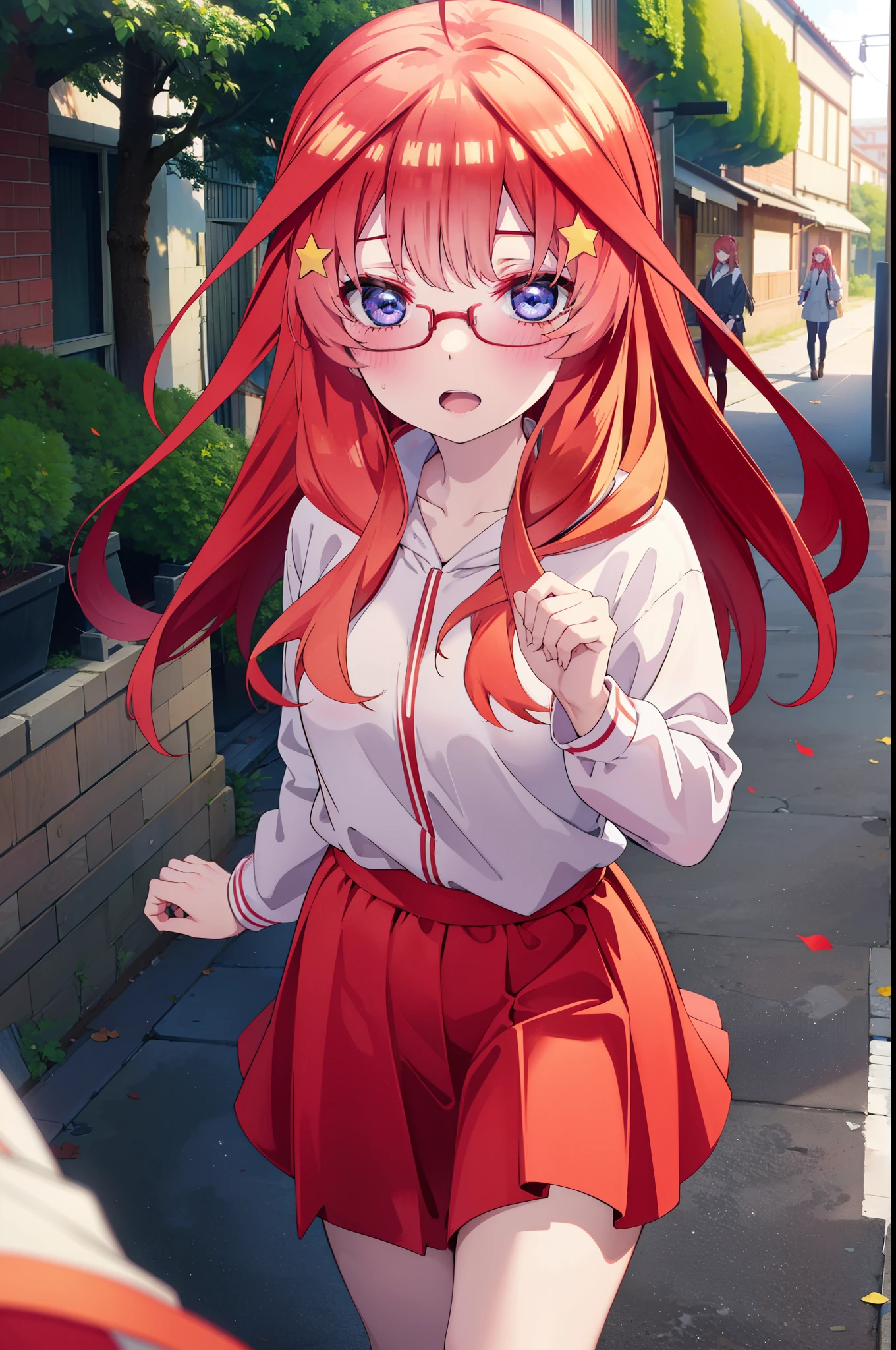 itsukinakano, itsuki nakano, bangs, blue eyes, Hair between the eyes, Ahoge, Redhead, star \(symbol\), hair ornaments, star hair ornaments,smile,blush,Open your mouth,Red-rimmed glasses,Oversized red hoodie and long skirt,boots,Walking,Daytime,Clear skies,whole bodyがイラストに入るように,
break outdoors, Alley,
break looking at viewer, whole body,
break (masterpiece:1.2), Highest quality, High resolution, unity 8k wallpaper, (figure:0.8), (Beautiful attention to detail:1.6), Highly detailed face, Perfect lighting, Highly detailed CG, (Perfect hands, Perfect ???????),
