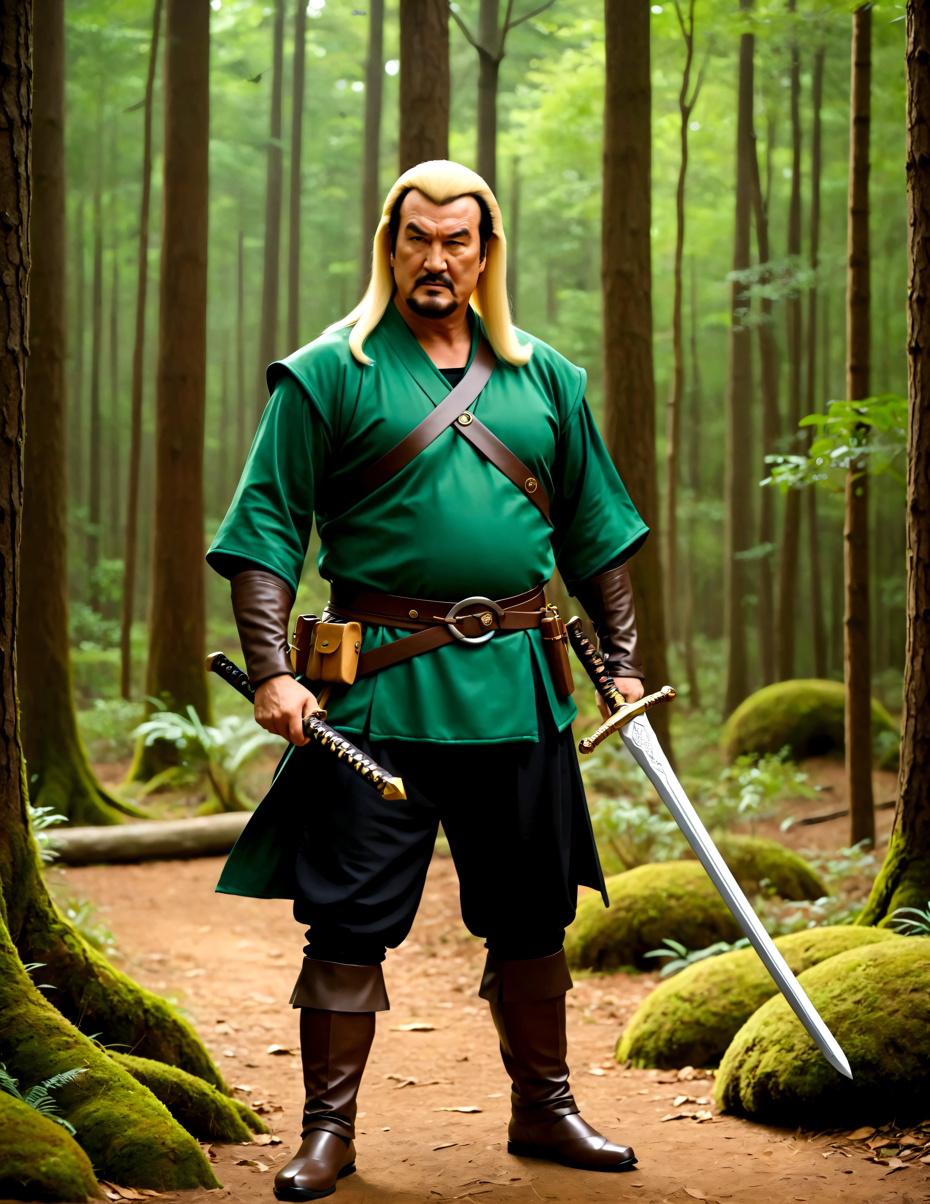 Steven Seagal (current, modern, big belly) in the role of Link (Link costume, blonde wig over black hair, wooden sword at side), akido pose, forest