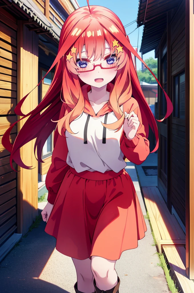 itsukinakano, itsuki nakano, bangs, blue eyes, Hair between the eyes, Ahoge, Redhead, star \(symbol\), hair ornaments, star hair ornaments,smile,blush,Open your mouth,Red-rimmed glasses,Oversized red hoodie and long skirt,boots,Walking,Daytime,Clear skies,whole bodyがイラストに入るように,
break outdoors, Alley,
break looking at viewer, whole body,
break (masterpiece:1.2), Highest quality, High resolution, unity 8k wallpaper, (figure:0.8), (Beautiful attention to detail:1.6), Highly detailed face, Perfect lighting, Highly detailed CG, (Perfect hands, Perfect Anatomy),