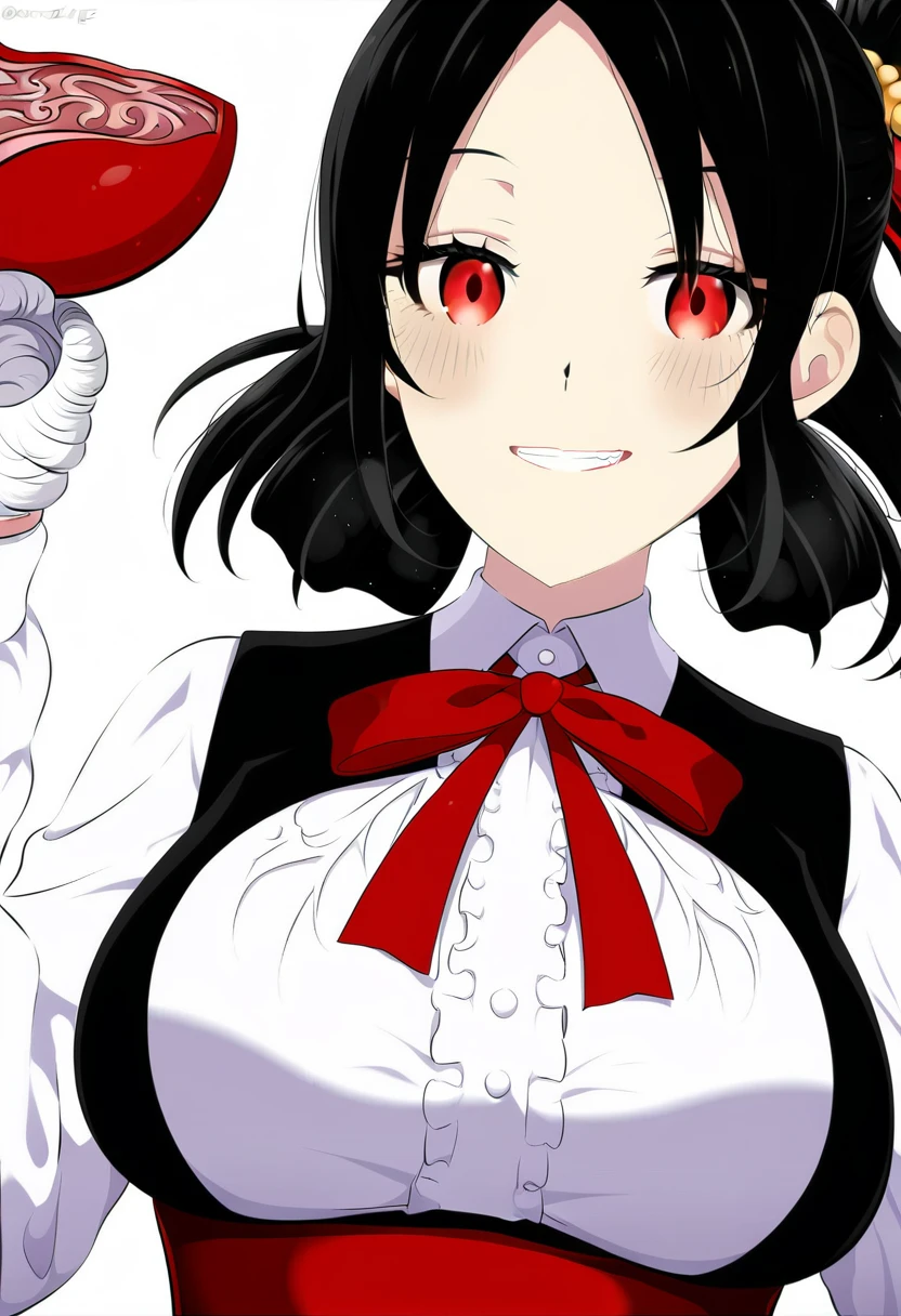 score_9, score_8_up, score_7_up, 1girl, (by horosuke:1.1), (by z282g:1.1), (absurdres, official art, masterpiece), (best aesthetic, best quality, ultra detailed, intricate details), anime-style, [[semi-realistic]], best anatomy:1.3, (new, newest, moist trainsparent skin, medium breasts, detailed background, bokeh background, depth perception, gradient red and black background, solo, subject focus, professional art), cute, attractive, kaguya-sama wa kokurasetai ~tensai-tachi no renai zunousen~, shinomiya kaguya, 1girl, black hair, bow, empty eyes, evil eyes, evil smile, folded ponytail, hair bow, hand up, long sleeves, looking at viewer, neck ribbon, red bow, red eyes, red ribbon, ribbon, , shuuchiin academy , simple background, smile, solo, upper body, white background, o kawaii koto:2.5
