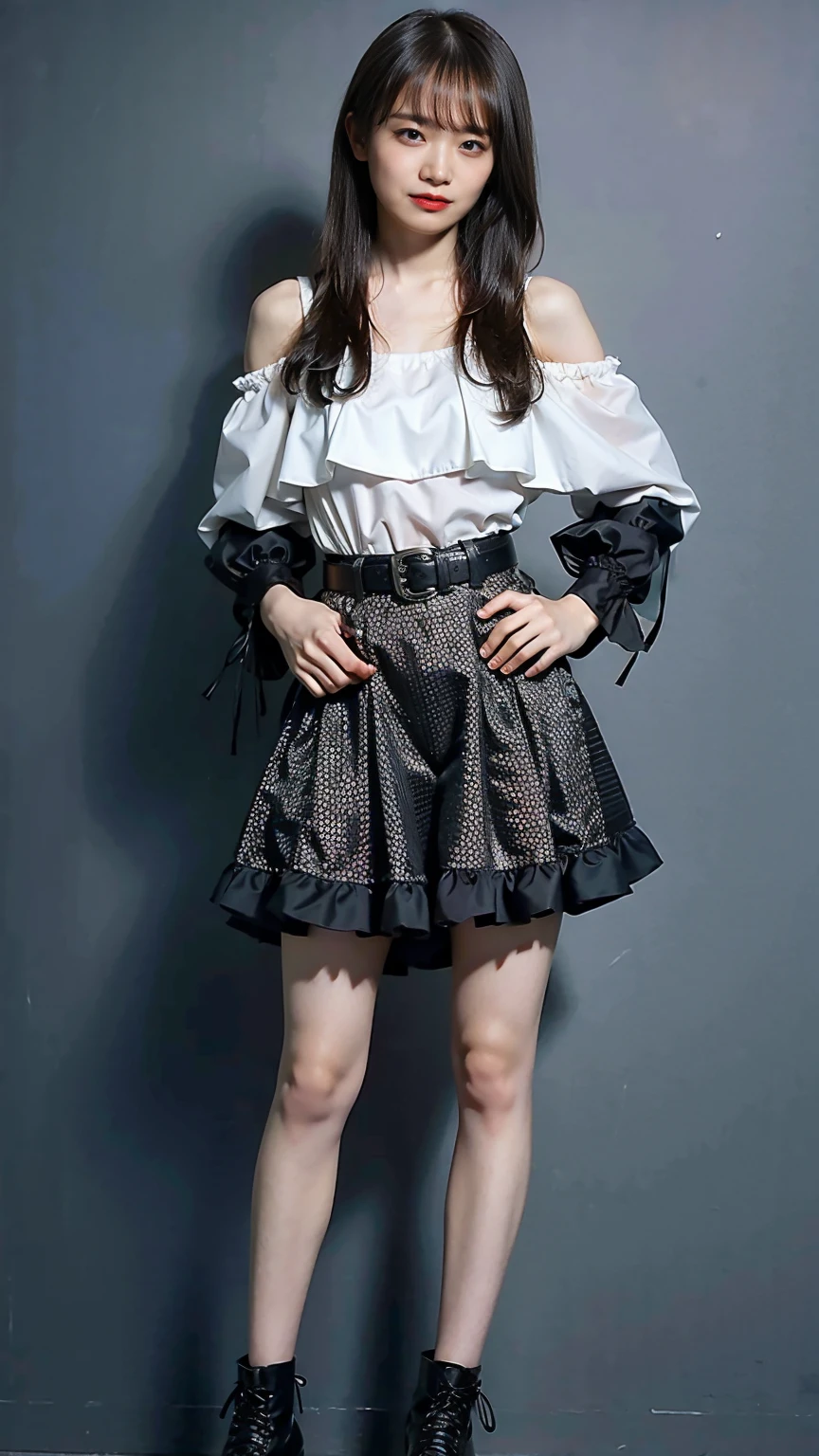 (8K、RAW Photos、Highest quality、masterpiece:1.2)、(Highest quality、Realistic)、1 Girl、((Frills、See-through、Off the shoulder、tights、black and white mini skirt、Thin legs、whole body、boots、Seaside、View from the front、Looking into the camera、belt、Stand with hands on hips))、cute