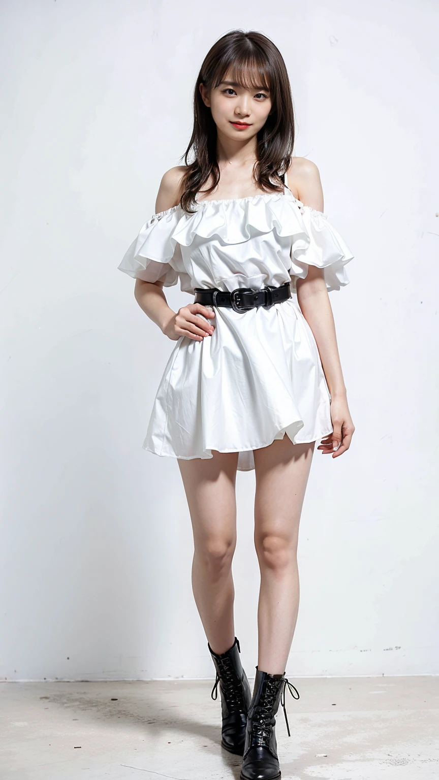 (8K、RAW Photos、Highest quality、masterpiece:1.2)、(Highest quality、Realistic)、1 Girl、((Frills、See-through、Off the shoulder、tights、black and white mini skirt、Thin legs、whole body、boots、Seaside、View from the front、Looking into the camera、belt、Stand with hands on hips))、cute
