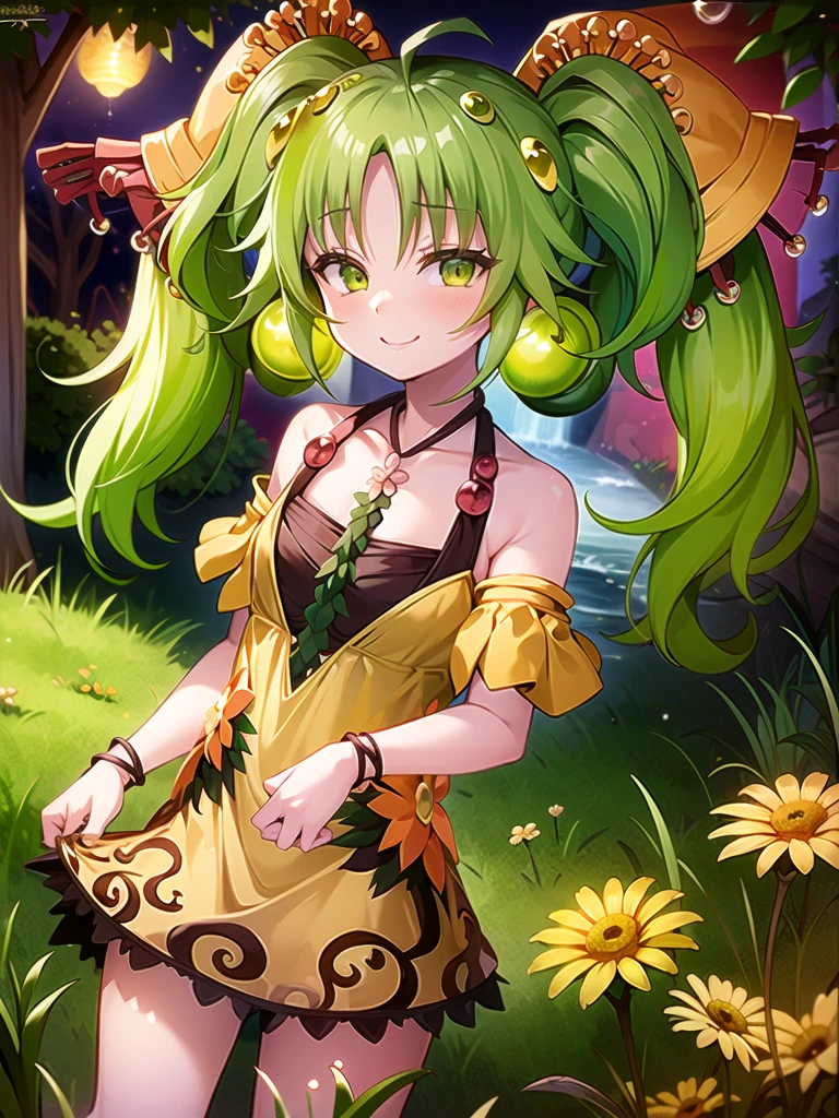 ((masterpiece,best quality)),(extremely detailed CG, unity, 8k wallpaper:1.1),traptrixsera, twintails,1girl,cute,solo,flat chest,yellow hair,smile,small breast,looking at viewer,green hair,tree,grass,forest,naughty face,flowers,stone, 