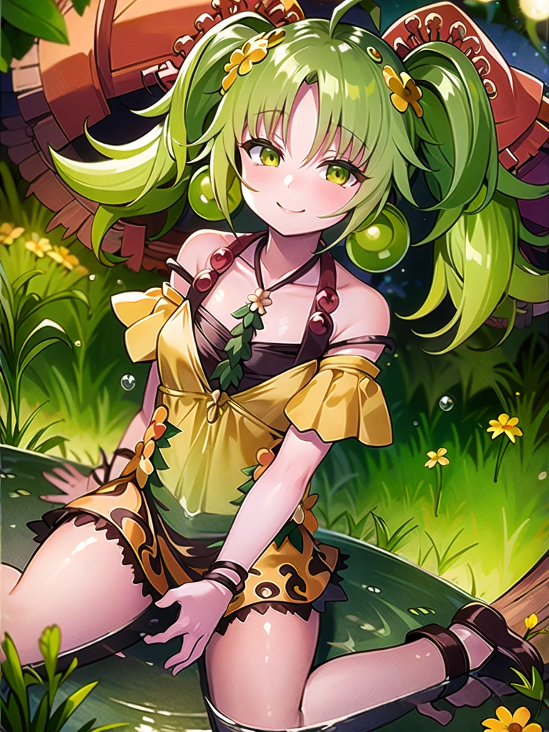 ((masterpiece,best quality)),(extremely detailed CG, unity, 8k wallpaper:1.1),traptrixsera, twintails,1girl,cute,solo,flat chest,yellow hair,smile,small breast,looking at viewer,green hair,tree,grass,forest,naughty face,flowers,stone, 