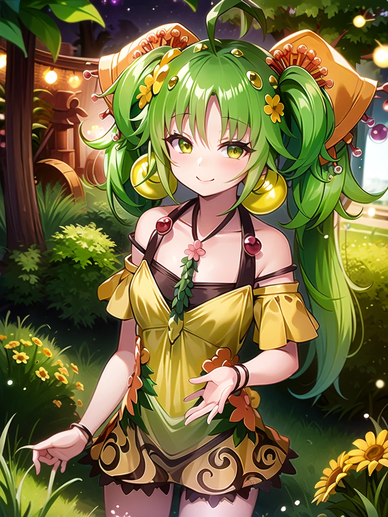 ((masterpiece,best quality)),(extremely detailed CG, unity, 8k wallpaper:1.1),traptrixsera, twintails,1girl,cute,solo,flat chest,yellow hair,smile,small breast,looking at viewer,green hair,tree,grass,forest,naughty face,flowers,stone, 