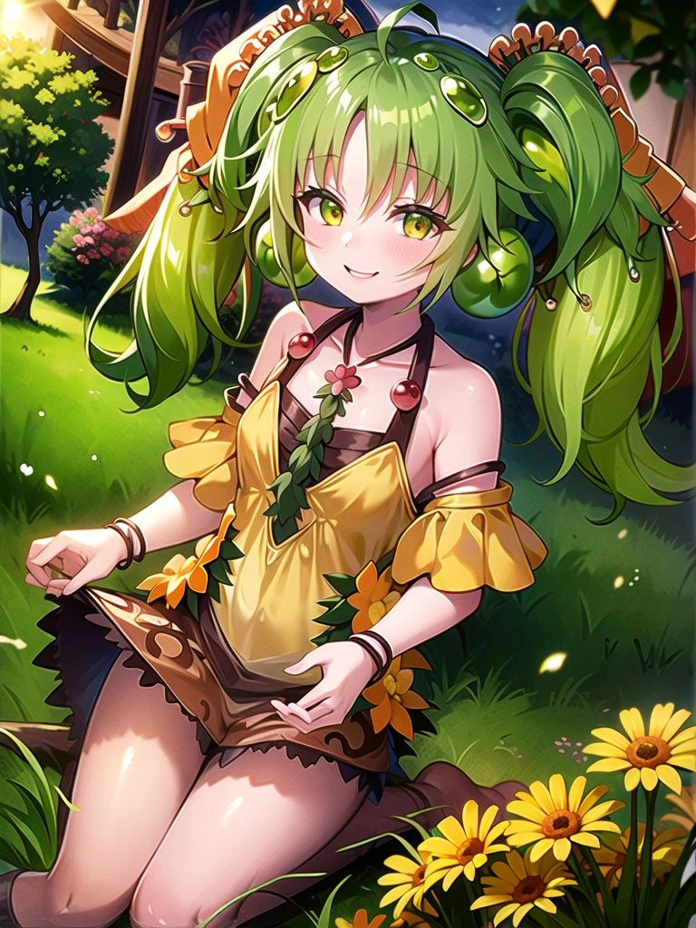 ((masterpiece,best quality)),(extremely detailed CG, unity, 8k wallpaper:1.1),traptrixsera, twintails,1girl,cute,solo,flat chest,yellow hair,smile,small breast,looking at viewer,green hair,tree,grass,forest,naughty face,flowers,stone, 