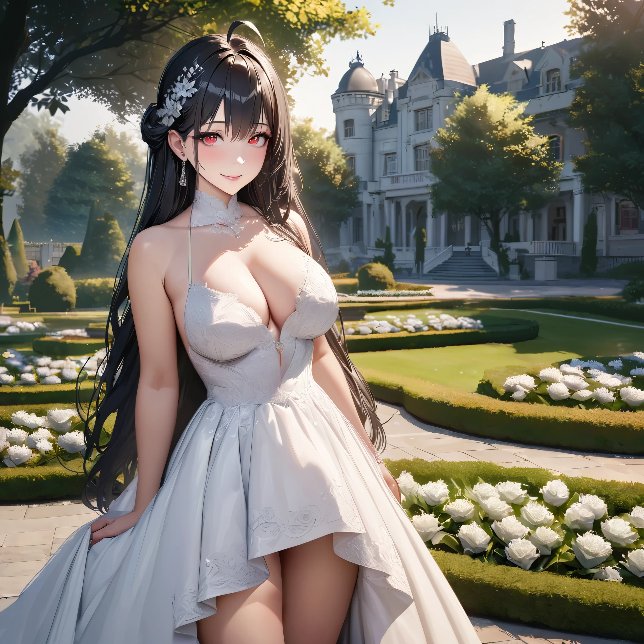 A woman wearing a luxurious white wedding dress, silver flowers in the hair, wedding dress, spaghetti strap, sleeveless dress, silver earring, jewelry, hair ornament, red eyes, smiling, ahoge, big breasts, black hair, long hair, exposed thigh, standing in a luxurious garden, mansion in the background, lawn on site, some trees around, perfect face, perfect eyes, perfect smile, place of day,,UHD , prime work , accurate , anatomically correct , textured skin , super details , high quality , best quality, 8k, high resolution, bokeh effect. (woman alone), realistic, close view.