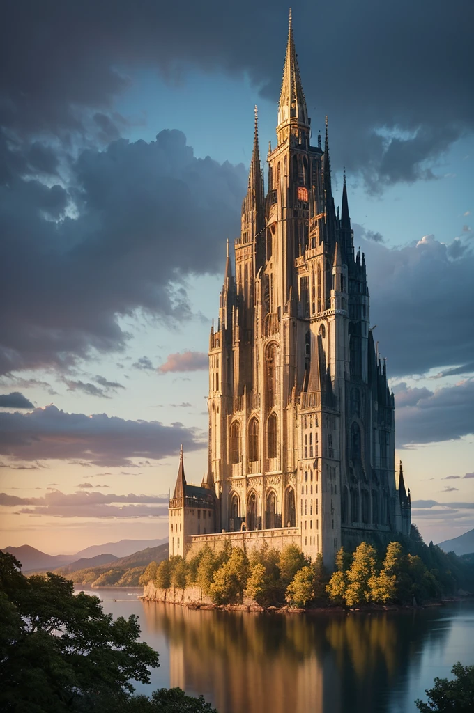 masterpiece, best quality, high quality, Extremely detailed CG Unity 8K wallpaper, landscapes, perfect reflection, stunning water surfaces. outdoor, Sky, cloud, dusk, no humans, castle, Gothic, Mountain, landscape, water, trees, blood moon, waterfall, cliff, nature, lake, river, cloudy Sky, Detail enhancement, Detail enhancement, no defects. Award-winning photography, Bokeh, depth of field, high dynamic range, bloom, Color difference, photorealism, Very detailed, complex, high detail, dramatic, Castlevania,