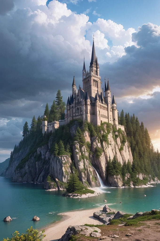 masterpiece, best quality, high quality, Extremely detailed CG Unity 8K wallpaper, landscapes, perfect reflection, stunning water surfaces. outdoor, Sky, cloud, dusk, no humans, castle, Gothic, Mountain, landscape, water, trees, blood moon, waterfall, cliff, nature, lake, river, cloudy Sky, Detail enhancement, Detail enhancement, no defects. Award-winning photography, Bokeh, depth of field, high dynamic range, bloom, Color difference, photorealism, Very detailed, complex, high detail, dramatic, Castlevania,