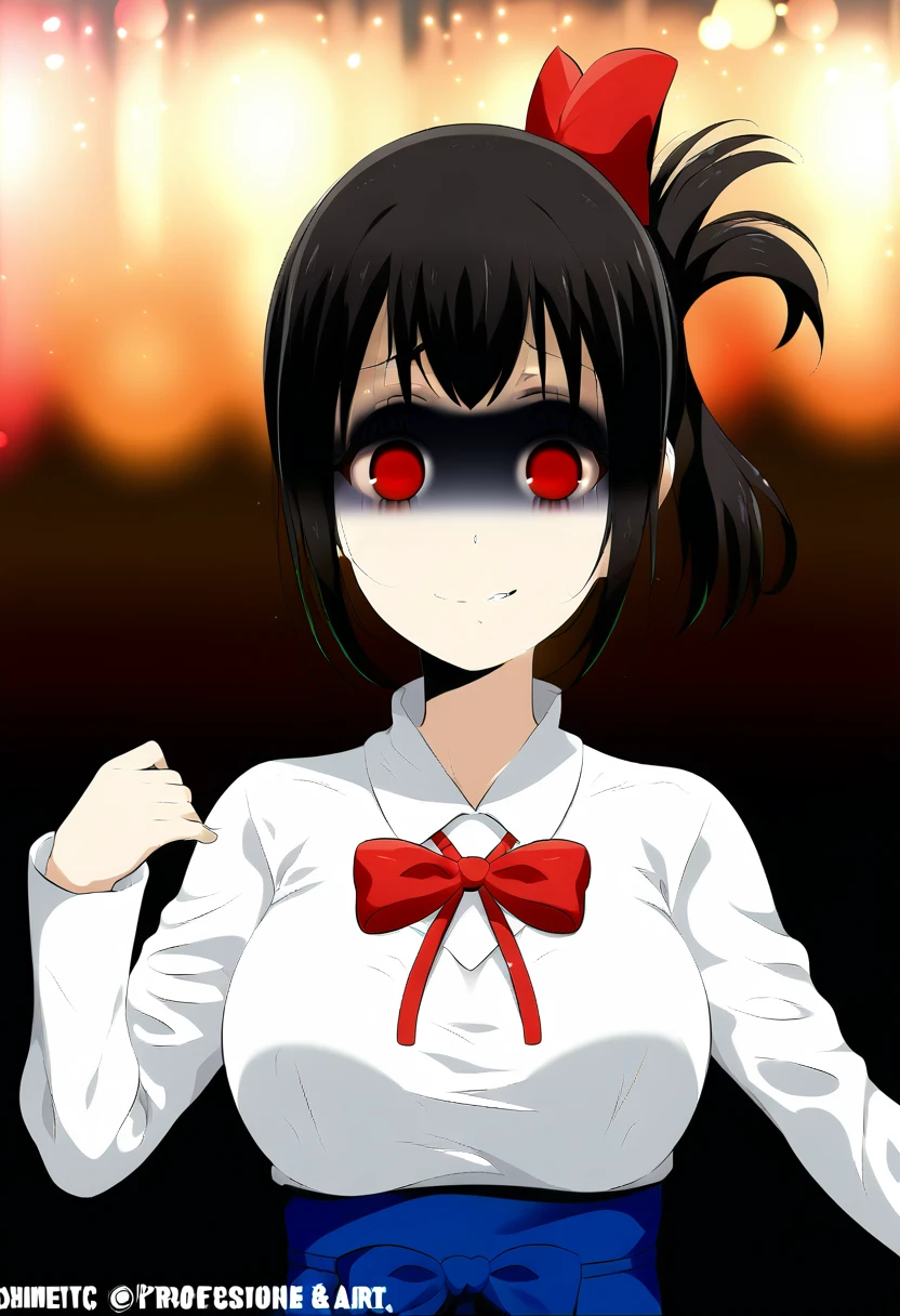 score_9, score_8_up, score_7_up, 1girl, (by horosuke:1.1), (by z282g:1.1), (absurdres, official art, masterpiece), (best aesthetic, best quality, ultra detailed, intricate details), anime-style, [[semi-realistic]], best anatomy:1.3, (new, newest, moist trainsparent skin, medium breasts, detailed background, bokeh background, depth perception, gradient red and black background, solo, subject focus, professional art), cute, attractive, kaguya-sama wa kokurasetai ~tensai-tachi no renai zunousen~, shinomiya kaguya, 1girl, black hair, bow, empty eyes, evil eyes, evil smile, folded ponytail, hair bow, hand up, long sleeves, looking at viewer, neck ribbon, red bow, red eyes, red ribbon, ribbon, , shuuchiin academy , simple background, smile, solo, upper body, white background, o kawaii koto:2.5
