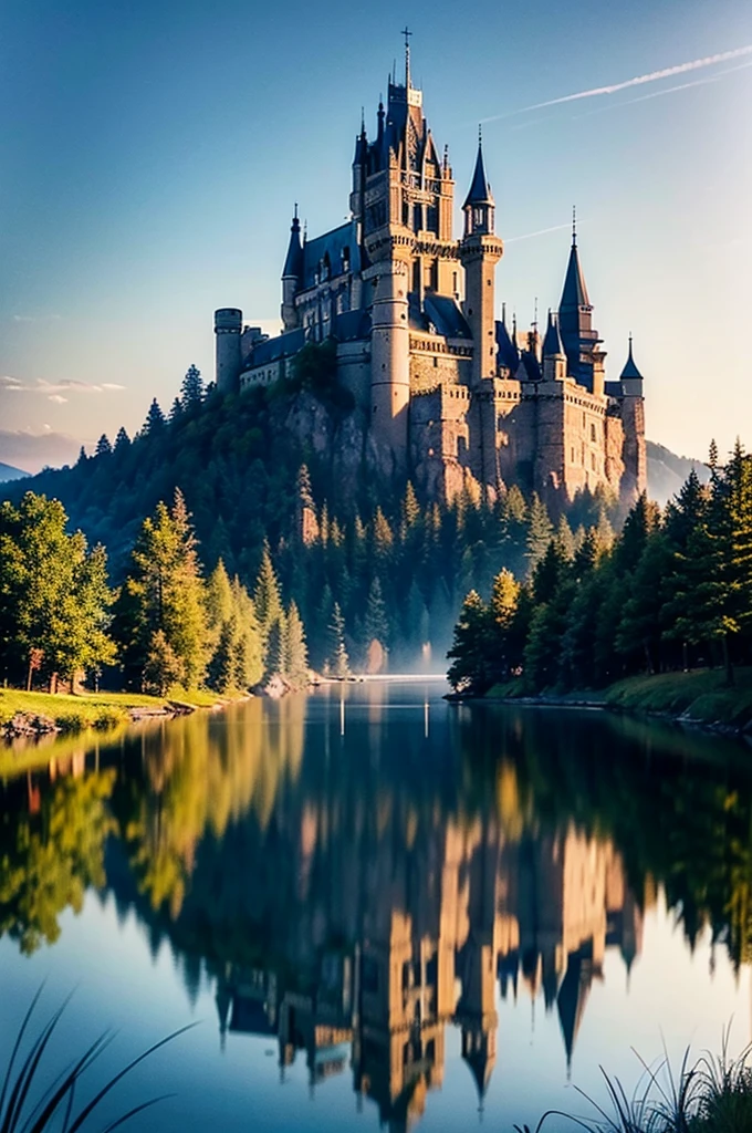 masterpiece, best quality, high quality, Extremely detailed CG Unity 8K wallpaper, landscapes, perfect reflection, stunning water surfaces. outdoor, Sky, cloud, dusk, no humans, castle, Gothic, Mountain, landscape, water, trees, blood moon, waterfall, cliff, nature, lake, river, cloudy Sky, Detail enhancement, Detail enhancement, no defects. Award-winning photography, Bokeh, depth of field, high dynamic range, bloom, Color difference, photorealism, Very detailed, complex, high detail, dramatic, Castlevania,