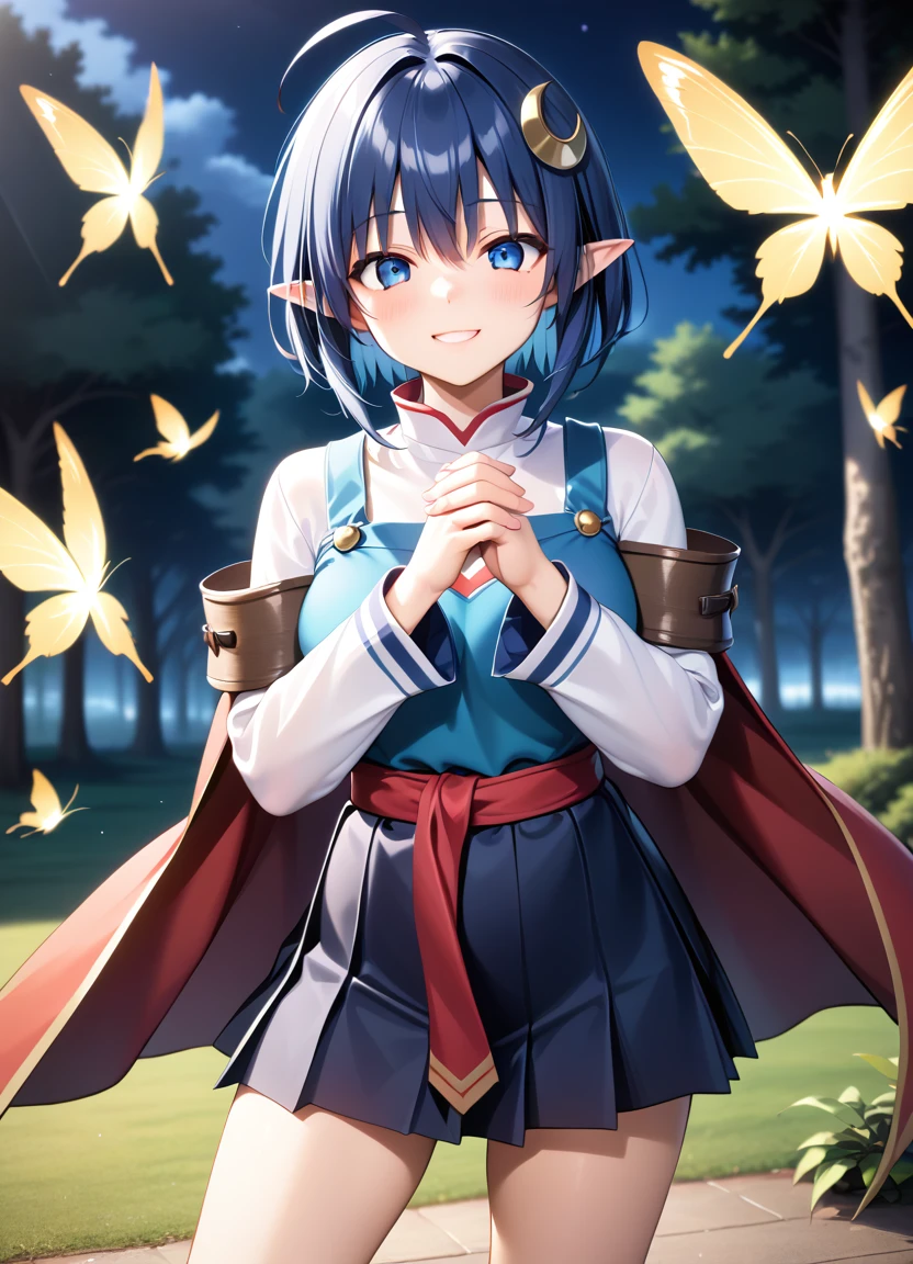 1girl, RENA LANFORD, 1GIRL, AHOGE, BLUE HAIR, SHORT HAIR, BLUE EYES, POINTY EARS
CRESCENT HAIR ORNAMENT, RED CAPE, BLUE VEST, LEATHER ARMOR, RED RIBBON, WAIST RIBBON, BLUE SKIRT, MINISKIRT, SHOES, BREAK kawaii, smile, cowboy shot, own hands clasped, forest, night, lightning bug, light particle, BREAK detailed face, smooth skin, cinematic lighting, volumetric shadow, BREAK 3D, CG illustration, score_9, score_8_up, score_7_up, (masterpiece:1.2), (best quality:1.2), (very aesthetic:1.2), (absurdres:1.2), (detailed background), newest, (intricate:1.2), ai-generated, BREAK