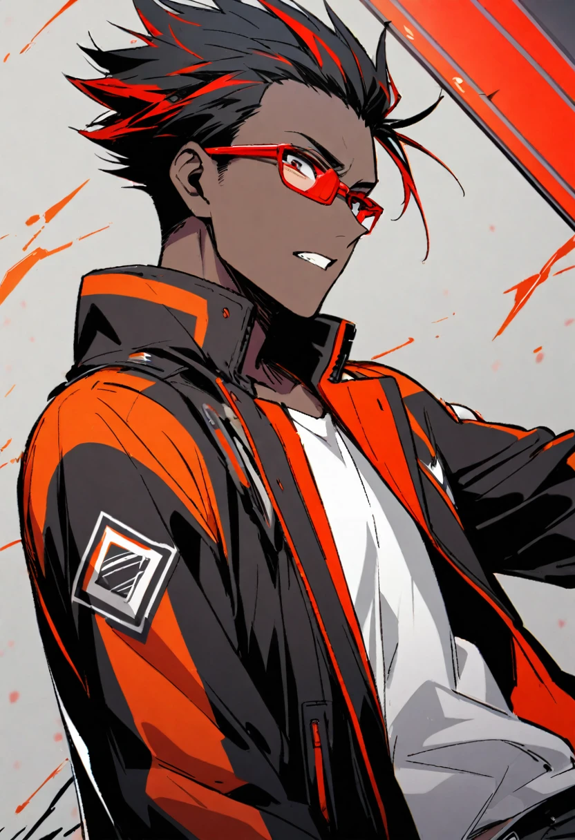 1man, black man, shaved, tech hear, jacket, red glasses