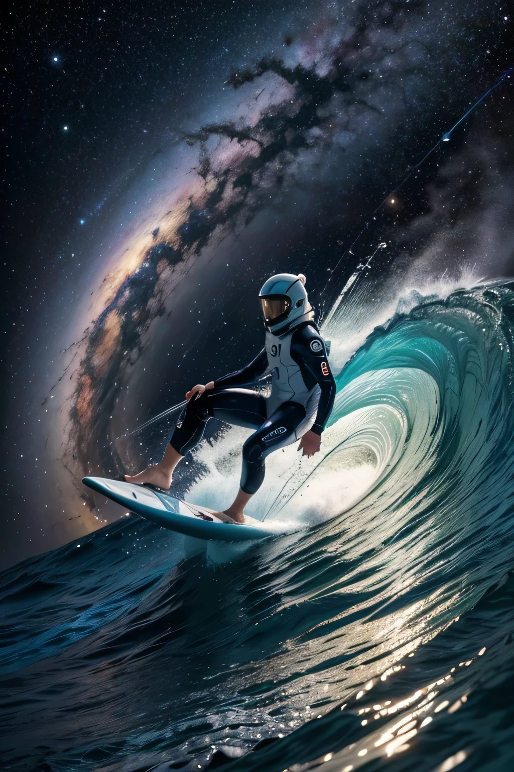 Generates the image of a surfer in the universe surfing in the sea of galaxies wearing an astronaut outfit, I want him to be riding a wave in which the colors are very present, symbolizing the galaxy, with a frontal view showing the wave but also showing the immensity of the universe