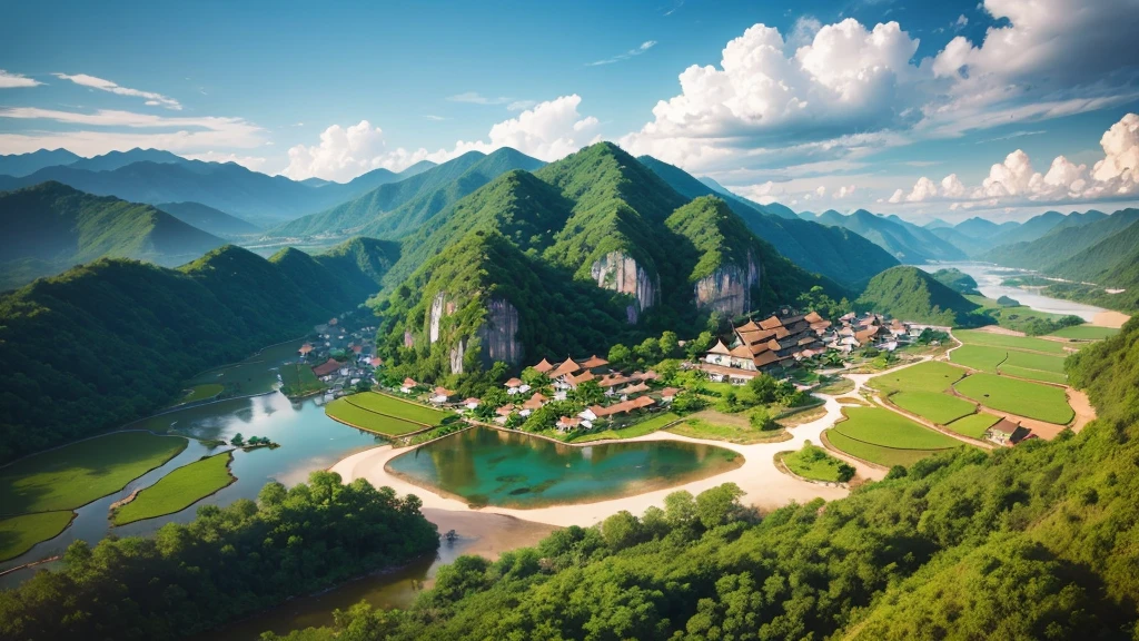 Beautiful scenery of ancient village in Malaysia. Aerial view. Photorealistic photos, High definition. 8K