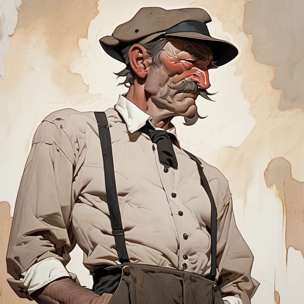 1man,Old West, Oil paint, black and white, light brown hair with some streaks of gray by genetics, strong Body, white dress shirt with, black suspender, faded black pants patched, Beret, thin big mustache, cheek spot, Arrogant, Young, full body, muscular, brute