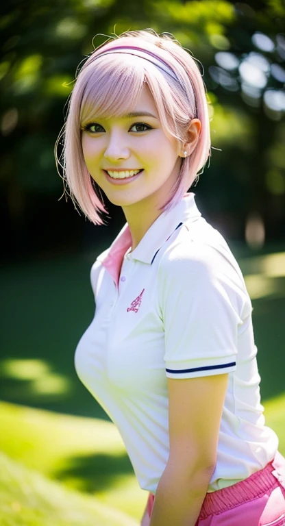 (A Gorgeous Korean Lady, age 28, Tight Thin White Polo-Shirt & Pink shorts, White Hairband, random pose at a golf course, Cool Weather, dimpled smile, short_bob_hair_side_bangs or Ponytail, cute snaggletooth, well-endowed round bosom, photorealistic, beautiful detailed eyes, hyper-realism, high contrast, ultra HD, realistic skin textures, top image quality, top-quality, super high resolution, fine details, very meticulously, vivid colors, head_to_knees, The_Cowboy_Shot, bokeh background)
