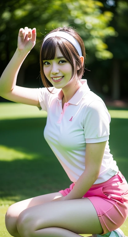 (A Gorgeous Korean Lady, age 28, Tight Thin White Polo-Shirt & Pink shorts, White Hairband, random pose at a golf course, Cool Weather, dimpled smile, short_bob_hair_side_bangs or Ponytail, cute snaggletooth, well-endowed round bosom, photorealistic, beautiful detailed eyes, hyper-realism, high contrast, ultra HD, realistic skin textures, top image quality, top-quality, super high resolution, fine details, very meticulously, vivid colors, head_to_knees, The_Cowboy_Shot, bokeh background)