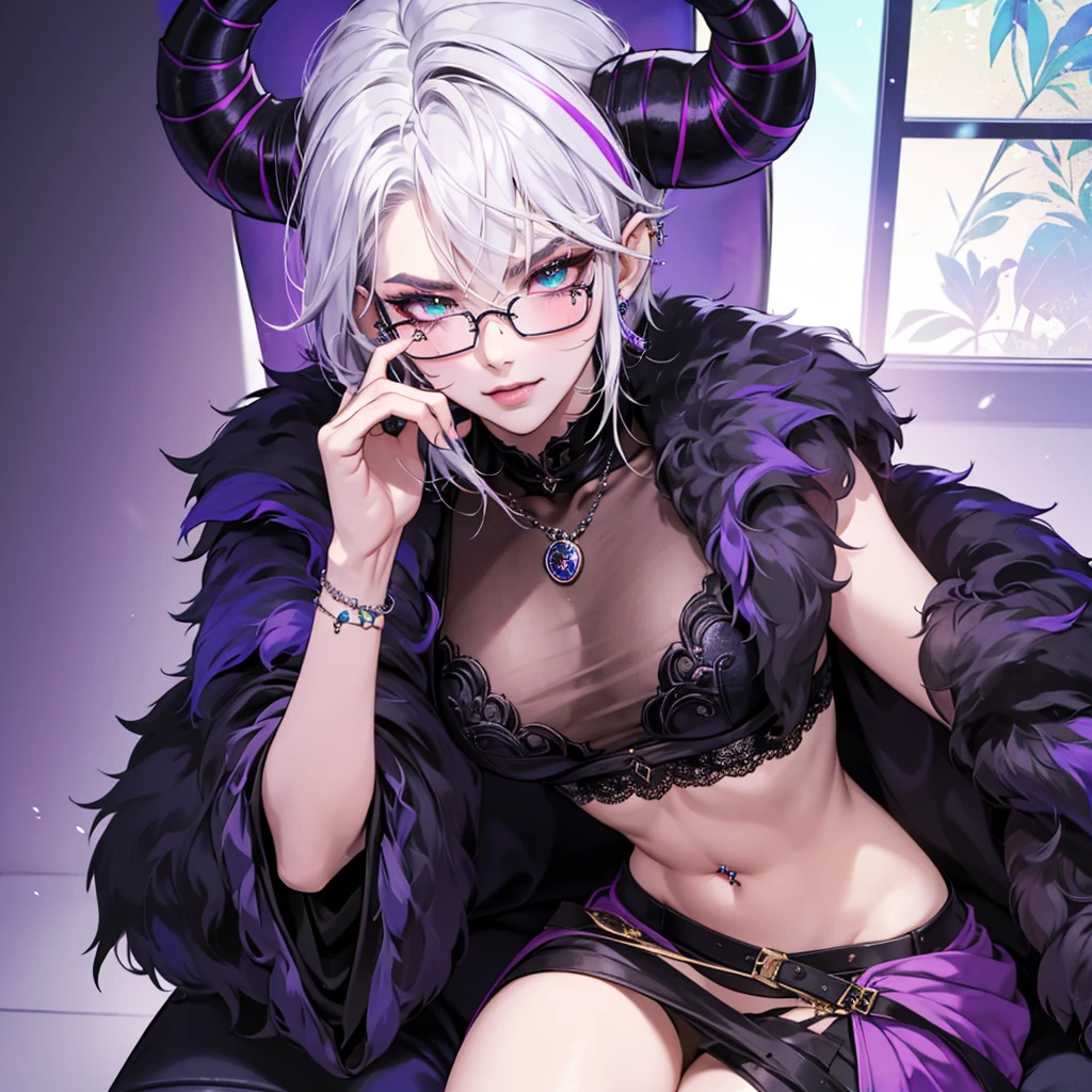 8k, masterpiece, best quality, highly detailed, 1 girl, tiefling, warlock, multicolored hair, very short straight hair green highlight hair on white hair, strippled hair, wearing glasses, round glasses, earrings, red eyeshadow, long eyelashes,navel piercing, blushed cheek, necklace, rings, collarbone, mole, glamorous, purple and teal clothing, villainy, smirk, seductive face, close up view, rings, looking at viewer, demon horns, solo, royal dress, black lace gloves, fur coat, palace, blue pale moon, sitting on throne