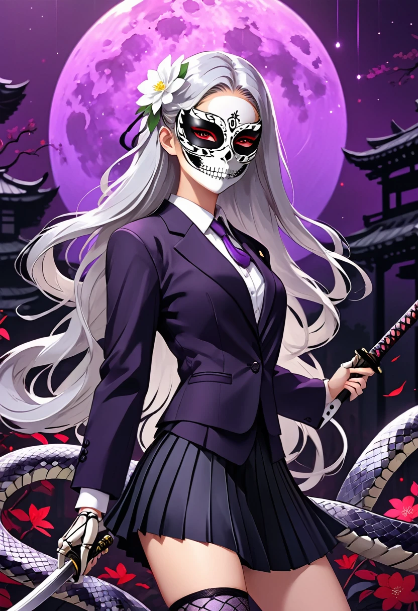 Flat style，Japanese anime style，(((1 beautiful girl，Silver long hair，White flower eye mask on eyes，Black pleated skirt suit)))，Katana in hand，Elegant dynamic pose，Dynamic Blur，Red Moon，Dark purple tones，Mysterious and elegant atmosphere，(((Purple fluorescent python snake skeleton background)))