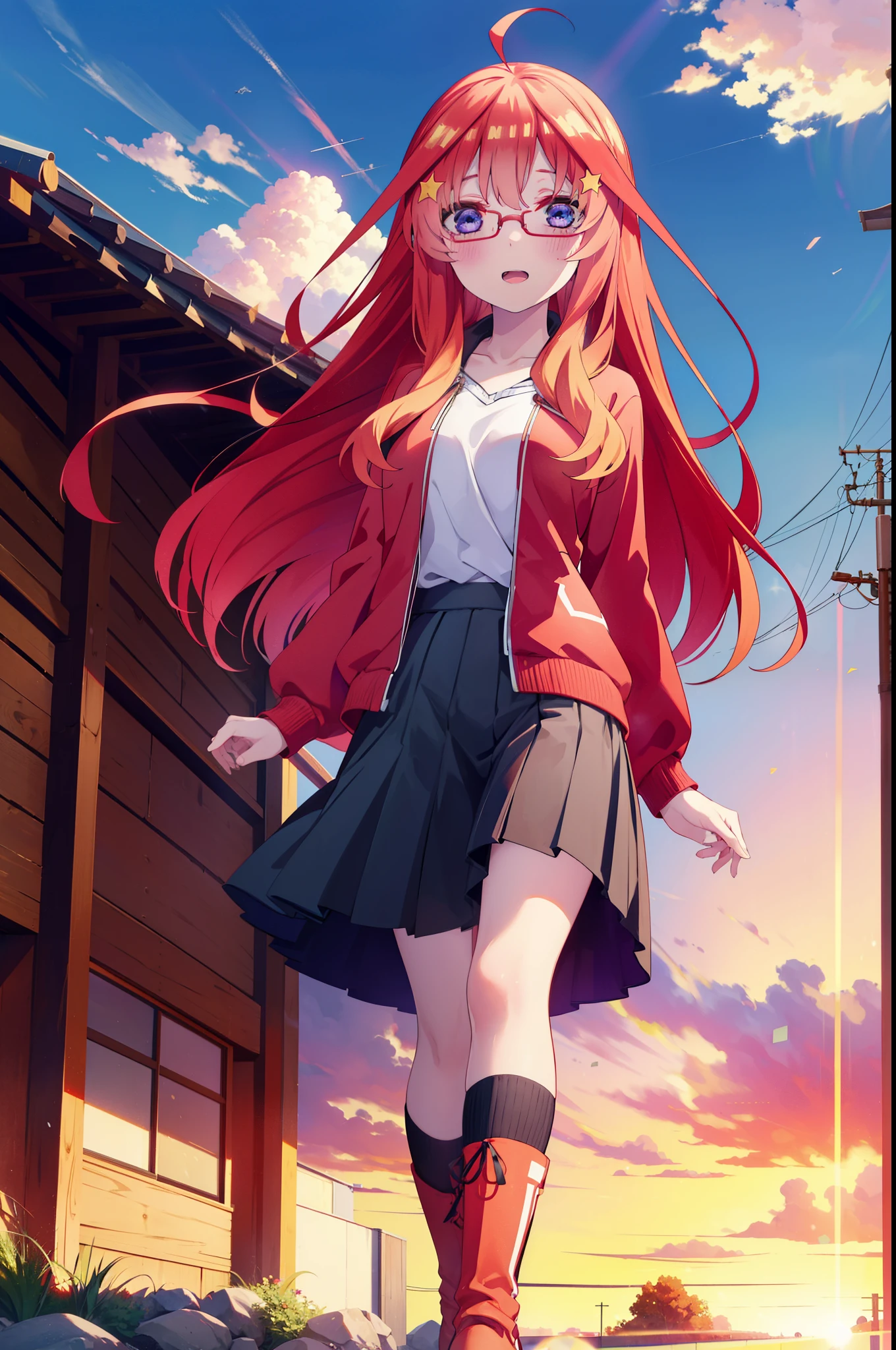 itsukinakano, itsuki nakano, bangs, blue eyes, Hair between the eyes, Ahoge, Redhead, star \(symbol\), hair ornaments, star hair ornaments,smile,blush,Open your mouth,Red-rimmed glasses,Oversized red hoodie and long skirt,boots,Walking,Daytime,Clear skies,whole bodyがイラストに入るように,
break outdoors, Alley,
break looking at viewer, whole body,
break (masterpiece:1.2), Highest quality, High resolution, unity 8k wallpaper, (figure:0.8), (Beautiful attention to detail:1.6), Highly detailed face, Perfect lighting, Highly detailed CG, (Perfect hands, Perfect Anatomy),