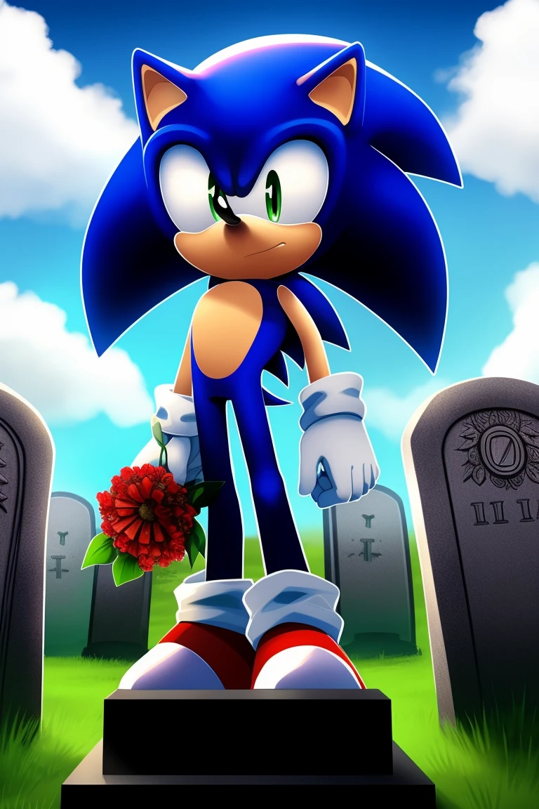 Sonic the Hedgehog, one man, standing in front of a grave, looking down at the grave with a straight face, holding a single red flower, sky cloudy.