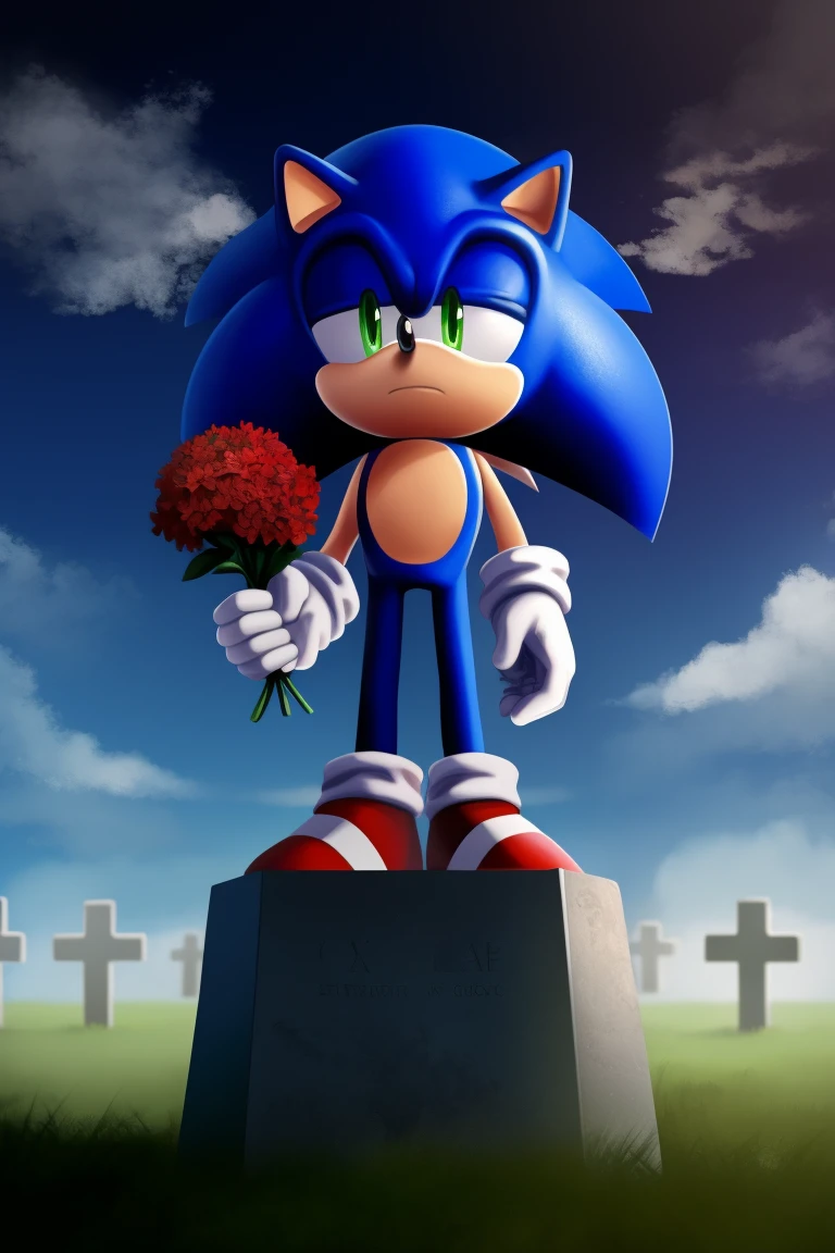 Sonic the Hedgehog, one man, standing in front of a grave, looking down at the grave with a straight face, holding a single red flower, sky cloudy.