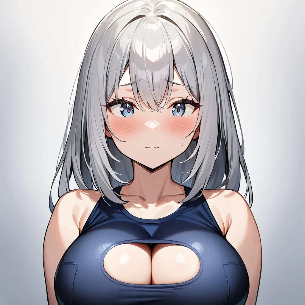 2girls,Gray Hair,light hair,School Swimsuit,Big titsnipple_cutout,Swimsuit covered breasts,Bust,masterpiece, best quality, very aesthetic, absurdres,upper body,straight-on,