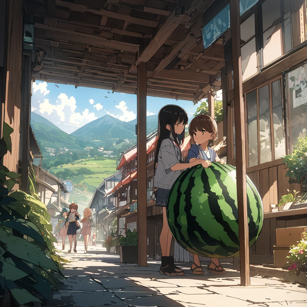masterpiece,highest quality,ultra-detailed,high-definition background,8K,hi-res,high quality,BREAK, japanese manga style, sketch, Watercolor Colors.ハイクオリティなmasterpiece、landscape、anime、Japanese Town、traditional town、明るい星null。BREAK ロマンチックな古い町並み, null, pixiv, Concept Art, Lofi Art Style, reflection. by Makoto Shinkai, lofi art, Beautiful anime scene, BREAK animeのlandscape, 詳細なlandscape - width 672, in style of Makoto shinkai, style of Makoto shinkai, enhanced details, BREAK,Detailed,Realistic,4k highly detailed digital art,octane render、 Bioluminescence,BREAK 8K解像度Concept Art,realism,by Mappa Studios,masterpiece,最high quality,Official Art,An illustration,ligne claire,(cool_Farbe), Perfect composition,Absurd,Fantasy,concentrated,Rule of thirds,High detail,animeーション,animeーションのスタイル、 Shine, Film lighting, god々Shining rays, Shine光, reflection光, Get closer, Lens flare, masterpiece, High Detail, 最high quality, Ultra detail, high quality, animeーション背景, animeーション壁紙, sunny, 明るい青null, Dramatic lighting, 植wood鉢, plant, wood, Grass, Cobblestone Street,(( hometown, hometownの町, Summer vacation, memory, 夏のmemory, homecoming、countryside、CountrysiHometown,Children playing、Festivals、Children playing、))((Veranda、watermelon、watermelonを食べる:1))