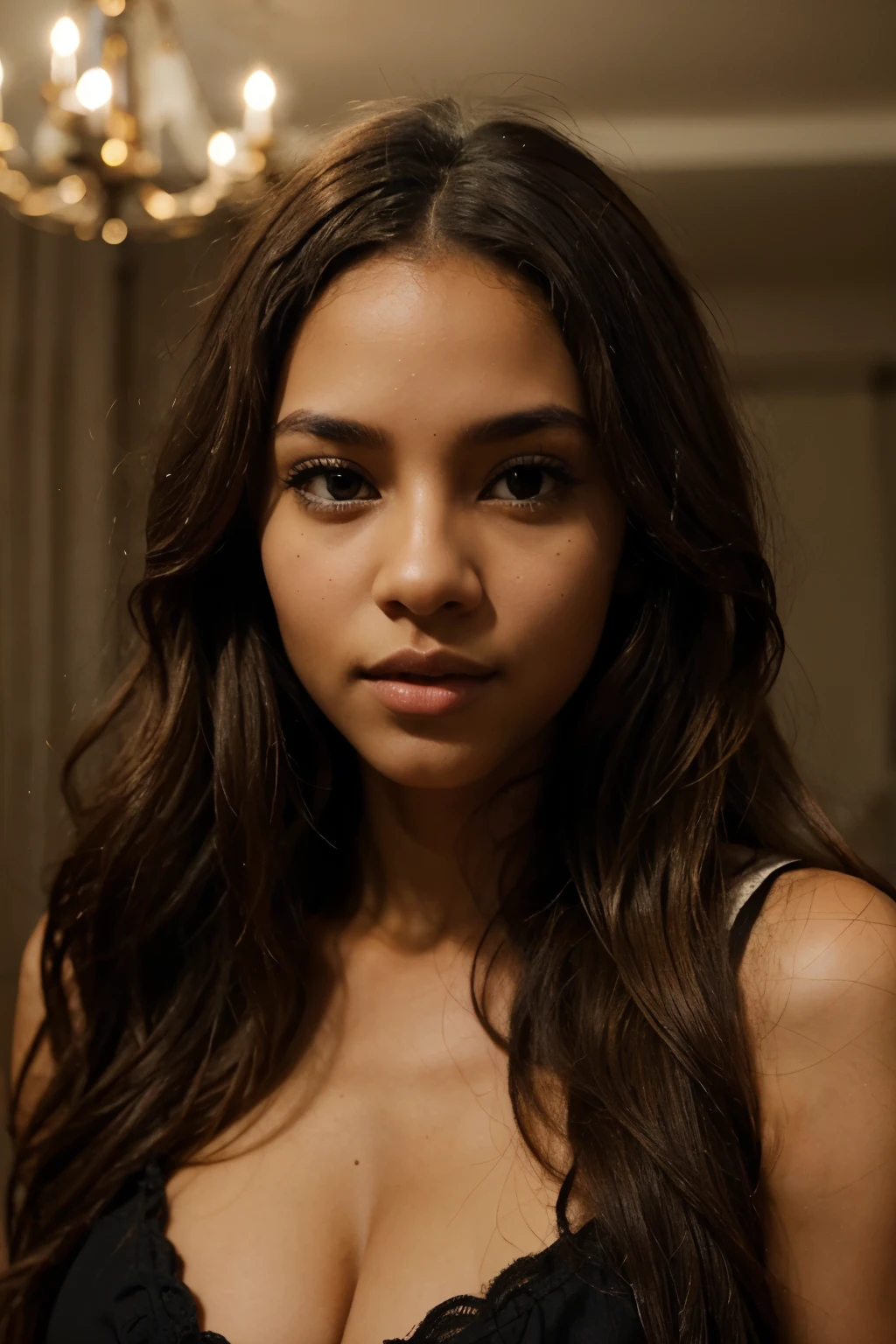 eyes, aura, long wavy light brown hair, very sexy and utiful and in addition she must be an African woman with a slightly light complexion.