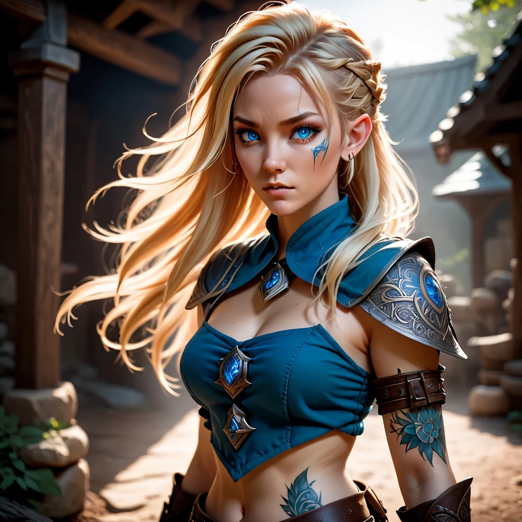 (1 female:1.5), solo, wearing gambeson, ((rune tattoos)), ((Face tattoos)), fullbody, attacking viewer with fists, detailed elf druid girl,  slim body, (smirk:1.1), (nose blush:1.1), (big blue eyes:1.1), (blond hair:1.1), beautiful detailed face, messy hair, (hairstyle:sitecut), cinematic lighting, shot on canon 5d, Greg Rutkowski, Yoji Shinkawa:0.6,