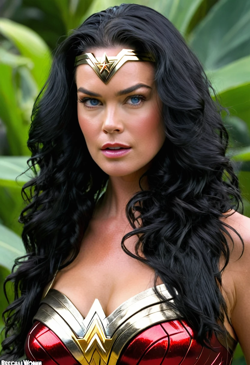 Extreme Closeup Rebecca Romijn(((long black hair)))under the mantle of the Amazon warrior Wonder Woman (((Diaema Wonder Woman))) front images splash color images))),(((Rebecca Romijn))),(((black hair Largo))),(((black hair))),(((Diaema Wonder Woman)))
