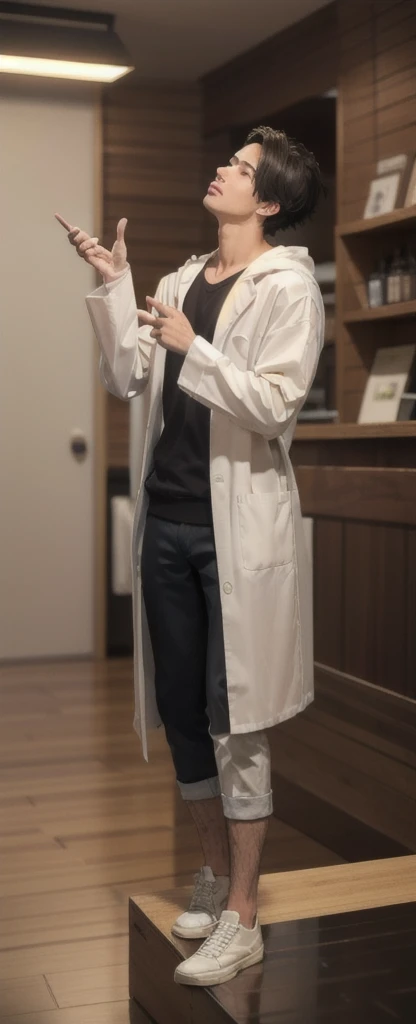 (photorealistic:1.2), (high detail face:1.3), (high detail hands:1.3), (anatomically correct hands:1.2), handsome young asian man, Japanese idol style, short clean-cut hair, ((center part)), white lab coat, black hoodie underneath, calm confident expression, (holding a product in right hand:1.3), (pointing with left index finger:1.3), explaining pose, plain white background, mid-shot portrait, high quality, detailed, 8K, (realistic skin texture:1.2), (sharp focus:1.1)