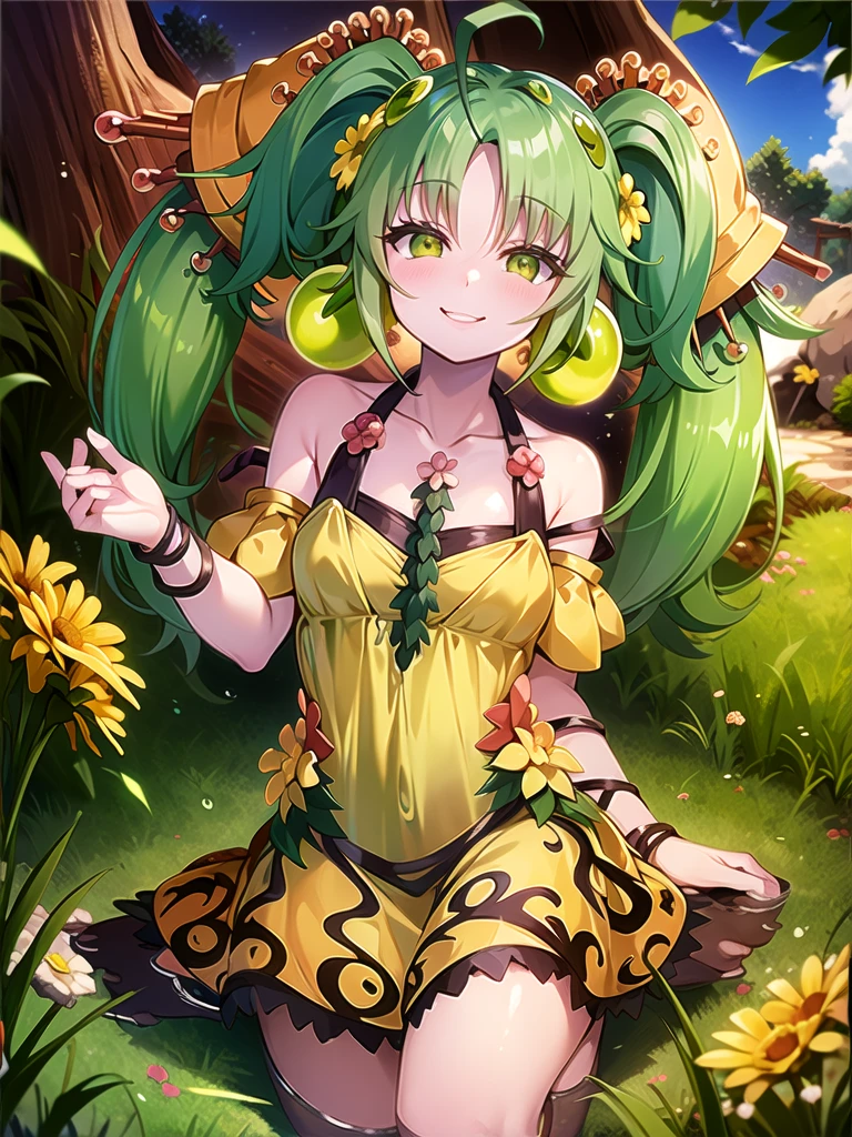 ((masterpiece,best quality)),(extremely detailed CG, unity, 8k wallpaper:1.1),traptrixsera, twintails,1girl,cute,solo,flat chest,yellow hair,smile,small breast,looking at viewer,green hair,tree,grass,forest,naughty face,flowers,stone, 