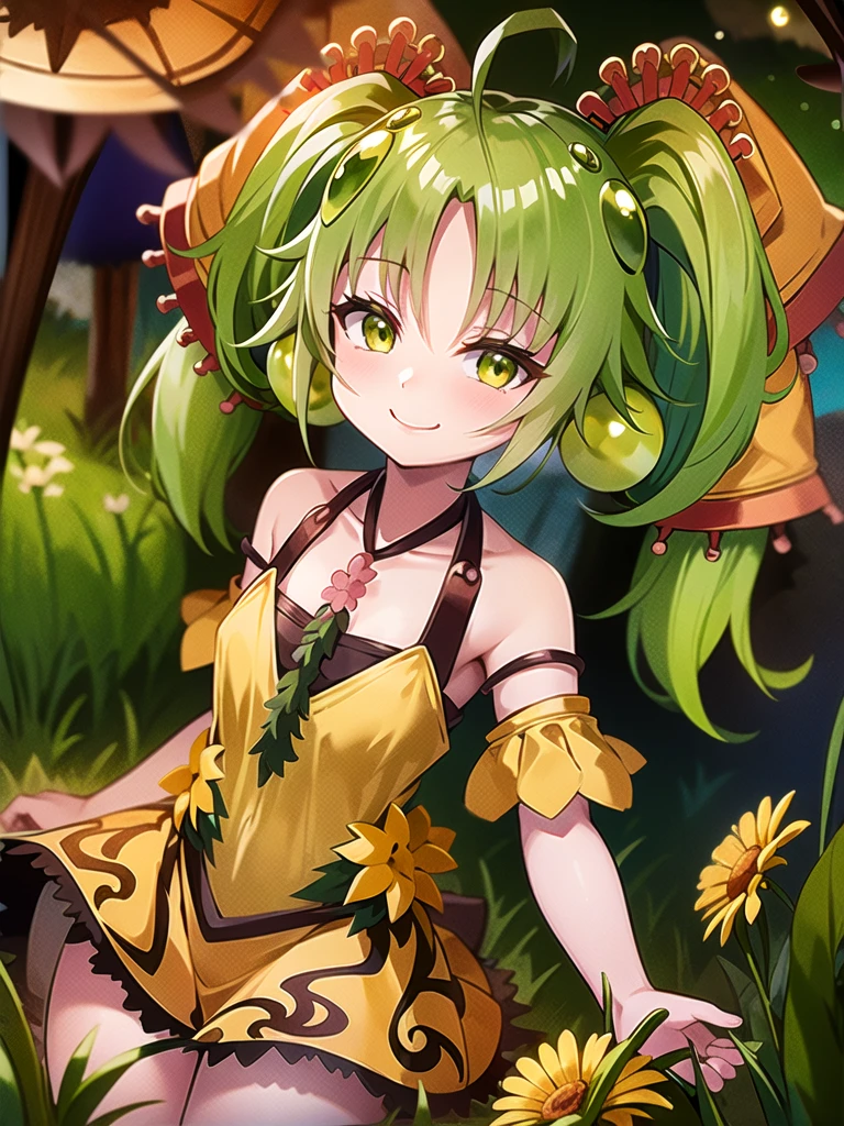 ((masterpiece,best quality)),(extremely detailed CG, unity, 8k wallpaper:1.1),traptrixsera, twintails,1girl,cute,solo,flat chest,yellow hair,smile,small breast,looking at viewer,green hair,tree,grass,forest,naughty face,flowers,stone, 