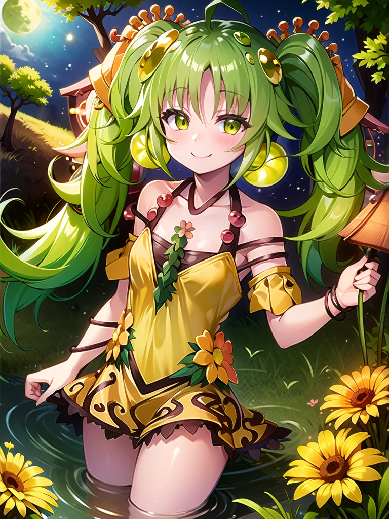 ((masterpiece,best quality)),(extremely detailed CG, unity, 8k wallpaper:1.1),traptrixsera, twintails,1girl,cute,solo,flat chest,yellow hair,smile,small breast,looking at viewer,green hair,tree,grass,forest,naughty face,flowers,stone, 