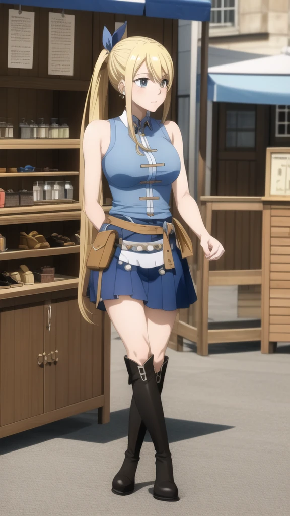 masterpiece, Highest quality, High resolution, Lucy Heartfilia, Blonde, Long Hair, Side Ponytail, Blue Ribbon, Large Breasts, Earrings, Thigh-high boots, Blue Shirt, Sleeveless shirt, White Skirt, town, Market stall, Outdoor, walking, Cowboy Shot, Armpit