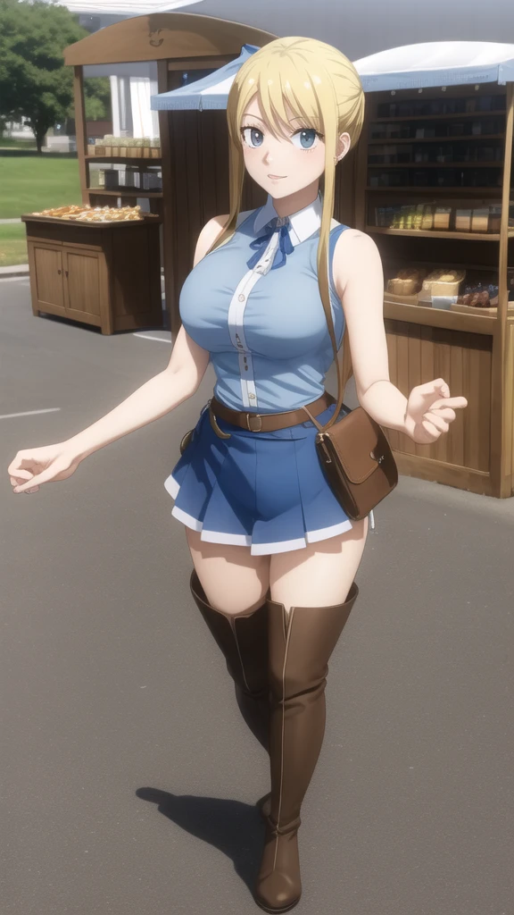 masterpiece, Highest quality, High resolution, Lucy Heartfilia, Blonde, Long Hair, Side Ponytail, Blue Ribbon, Large Breasts, Earrings, Thigh-high boots, Blue Shirt, Sleeveless shirt, White Skirt, town, Market stall, Outdoor, walking, Cowboy Shot, Armpit