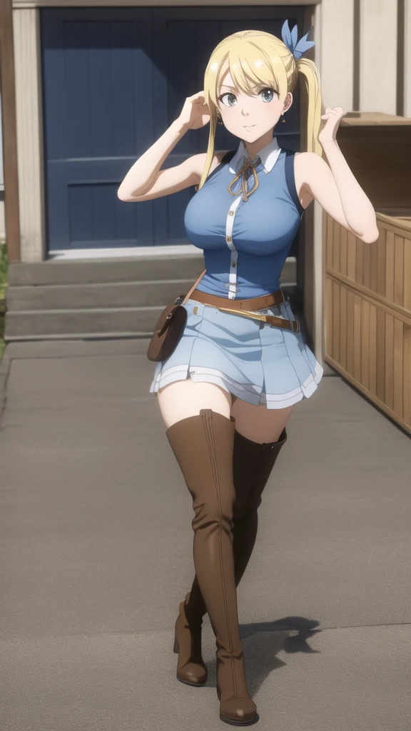 masterpiece, Highest quality, High resolution, Lucy Heartfilia, Blonde, Long Hair, Side Ponytail, Blue Ribbon, , Earrings, Thigh-high boots, Blue Shirt, Sleeveless shirt, White Skirt, town, Market stall, Outdoor, walking,  Cowboy Shot, Armpit