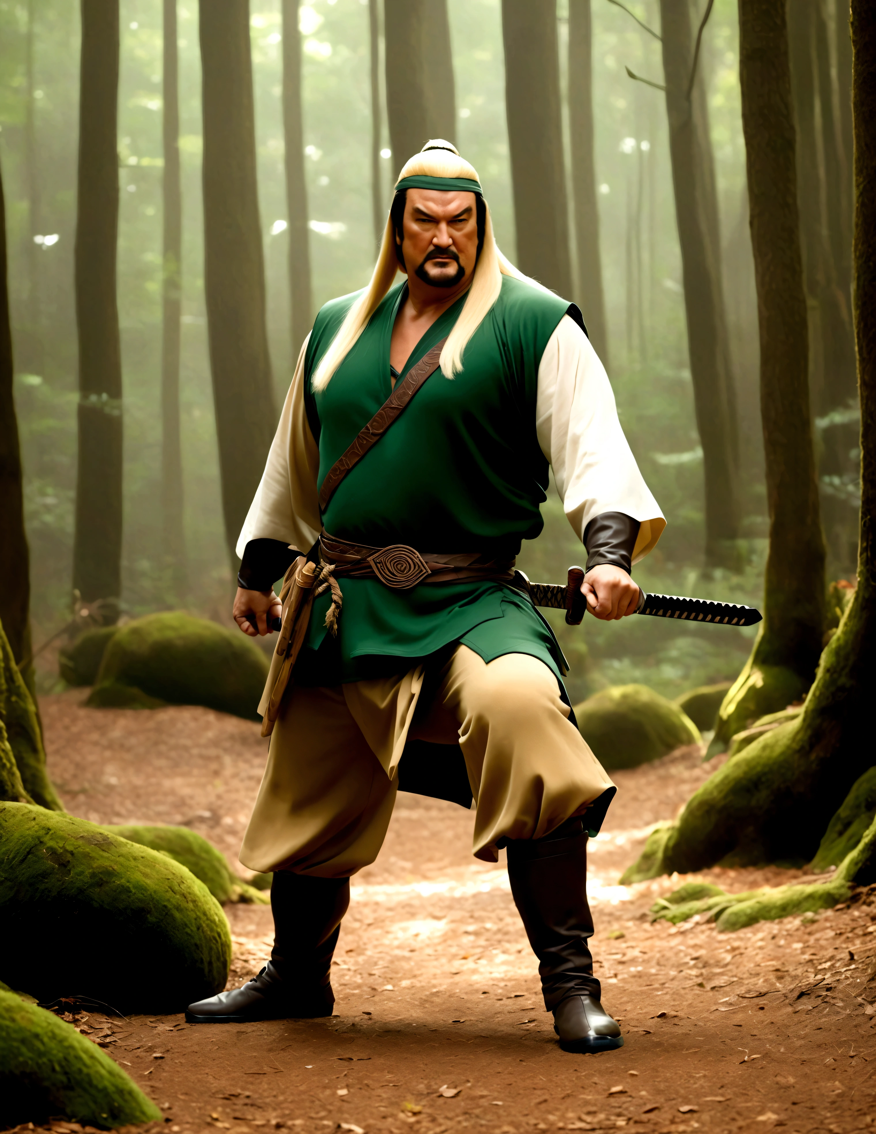 Steven Seagal (current, modern, big belly) in the role of Link (Link costume, blonde wig over black hair, wooden sword at side), akido pose, forest