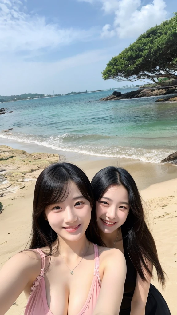 selfie of two young women are posing for a picture, 8k selfie photograph, instagram filter, tumblr, profile pic, with instagram filters, leaked image, korean girl, beach, korean model, cleavage, people in the beach, happy, smiling,